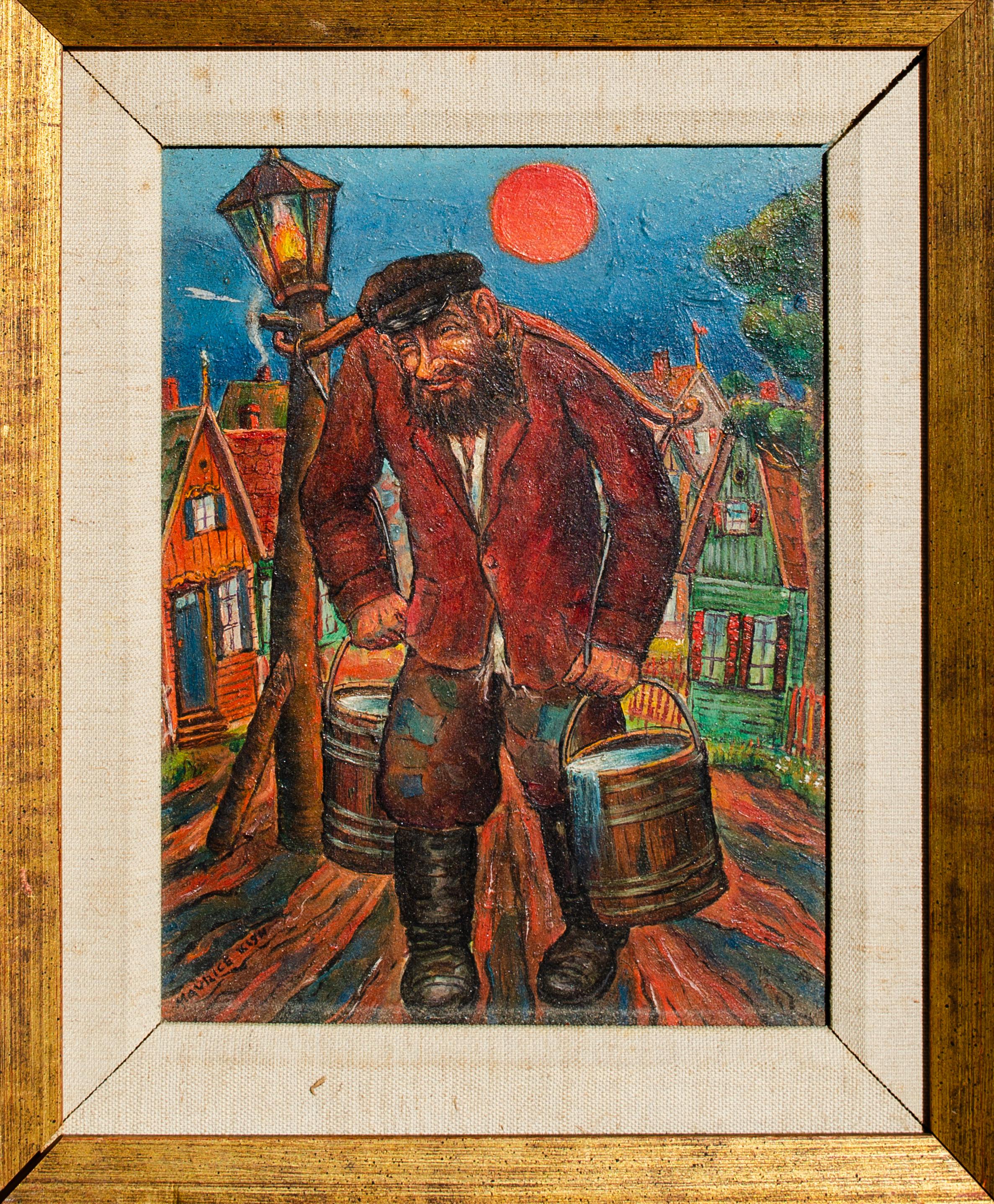 Framed Maurice Kish (American, 1895-1987) 
Genre painting of a man carrying water buckets
Signed lower left: Maurice Kish
Framed dimensions: 12 1/8 x 9 1/8 in.

Maurice Kish, painter and poet, was born in Dvinsk, Russia (also known as Denenburg