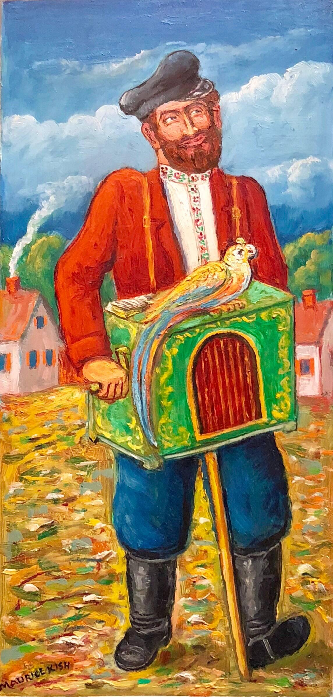 Genre: Modern
Subject: Organ grinder with parrot
Medium: Oil
Surface: Board, size includes artist decorated frame 
Country: United States

The imagery of Maurice Kish (1895-1987), whether factories or carousels, reliably subverts expectations. His