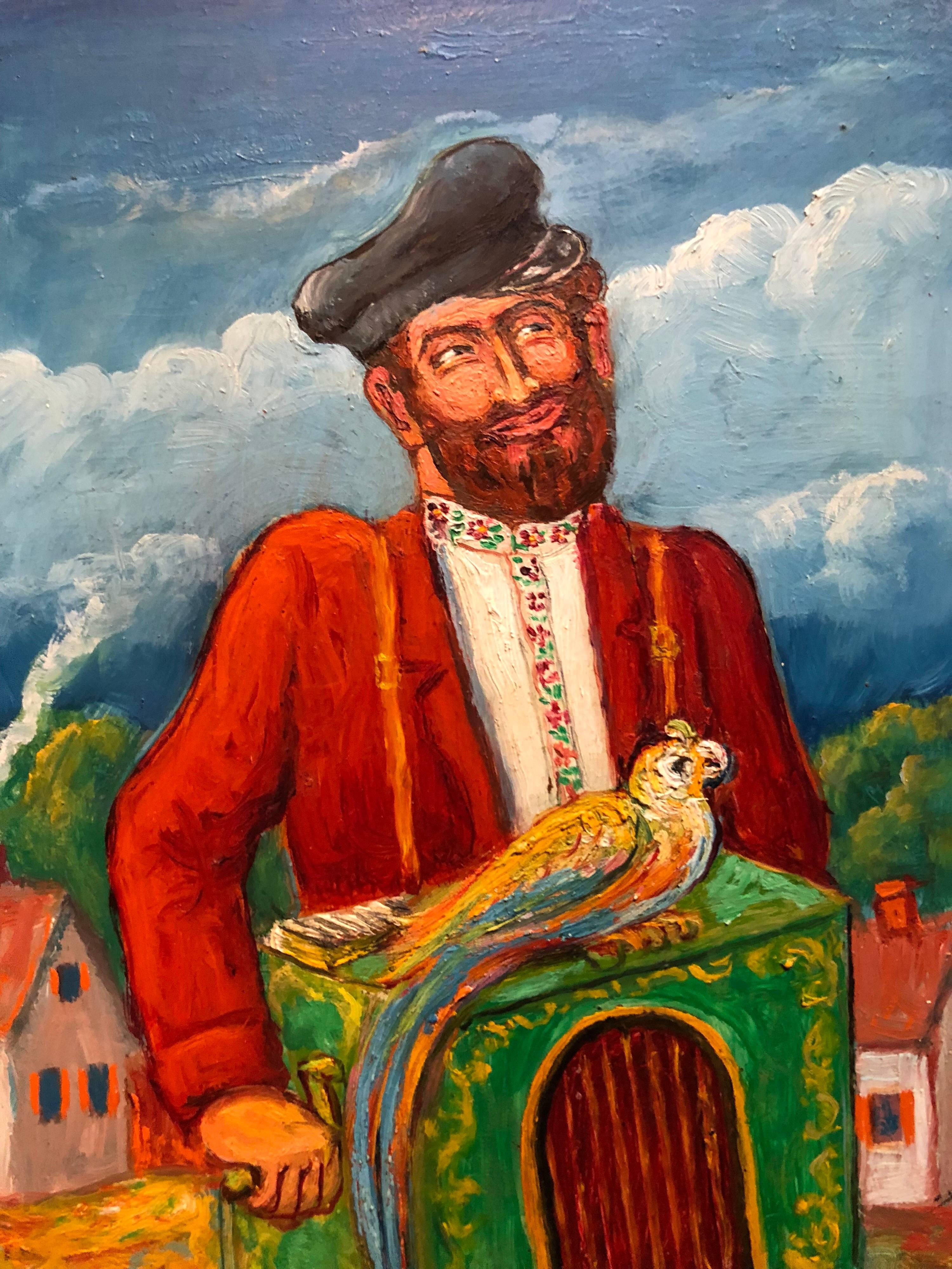 Organ Grinder with Parrot Modern Judaica Oil Painting WPA Jewish artist For Sale 1