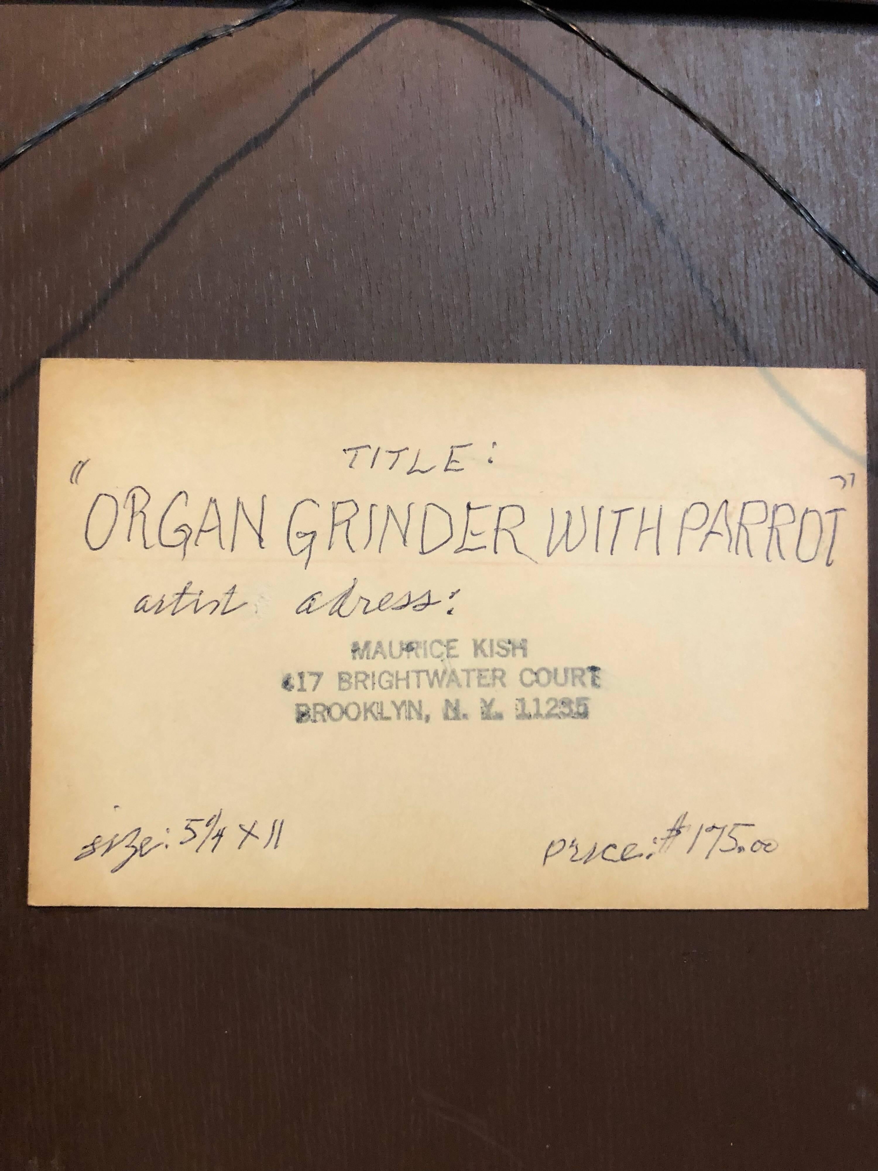 Genre: Modern
Subject: Organ grinder with parrot
Medium: Oil
Surface: Board, size includes artist decorated frame 
Country: United States

The imagery of Maurice Kish (1895-1987), whether factories or carousels, reliably subverts expectations. His