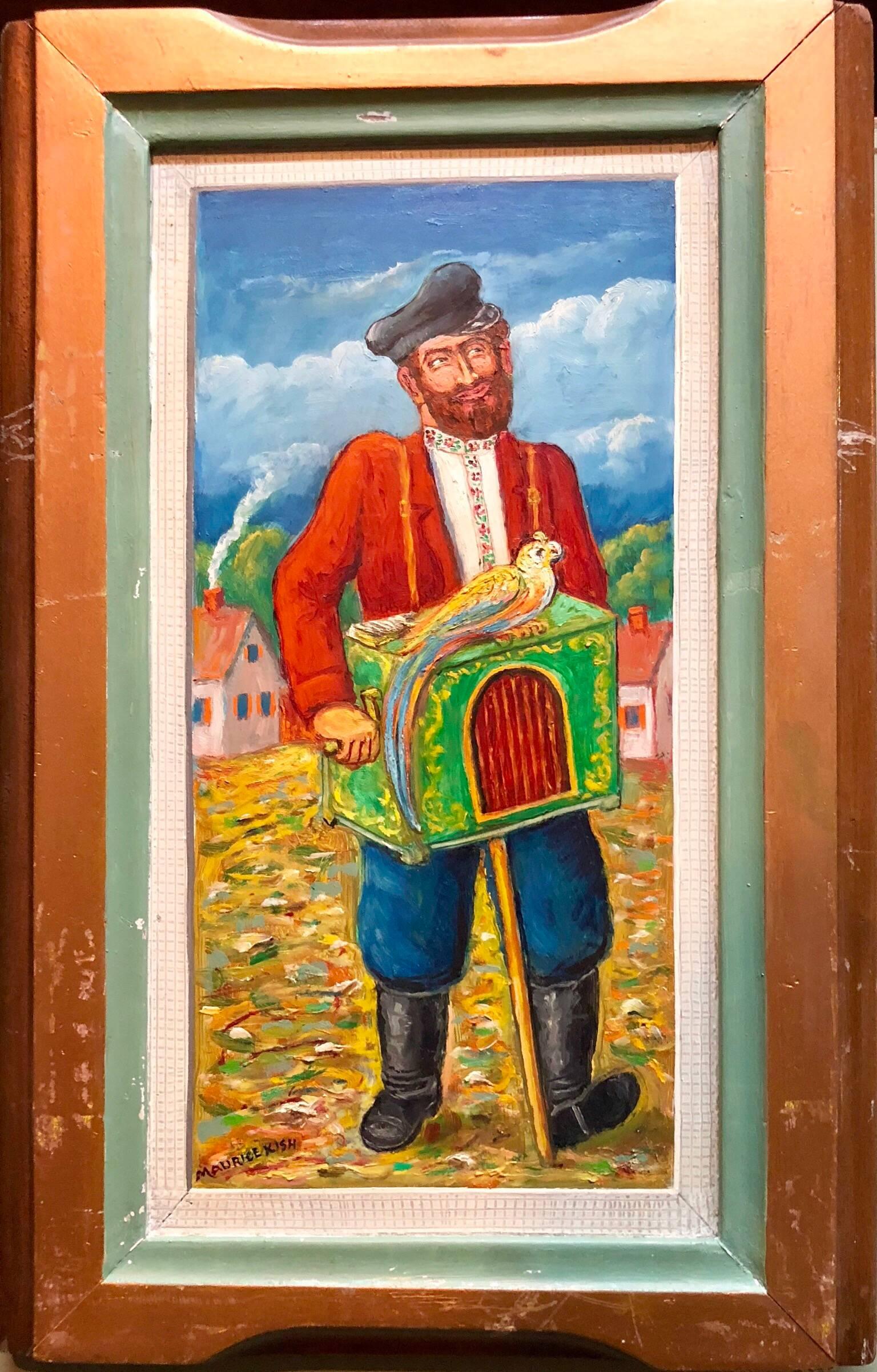 Maurice Kish Figurative Painting - Organ Grinder with Parrot Modern Judaica Oil Painting WPA Jewish artist