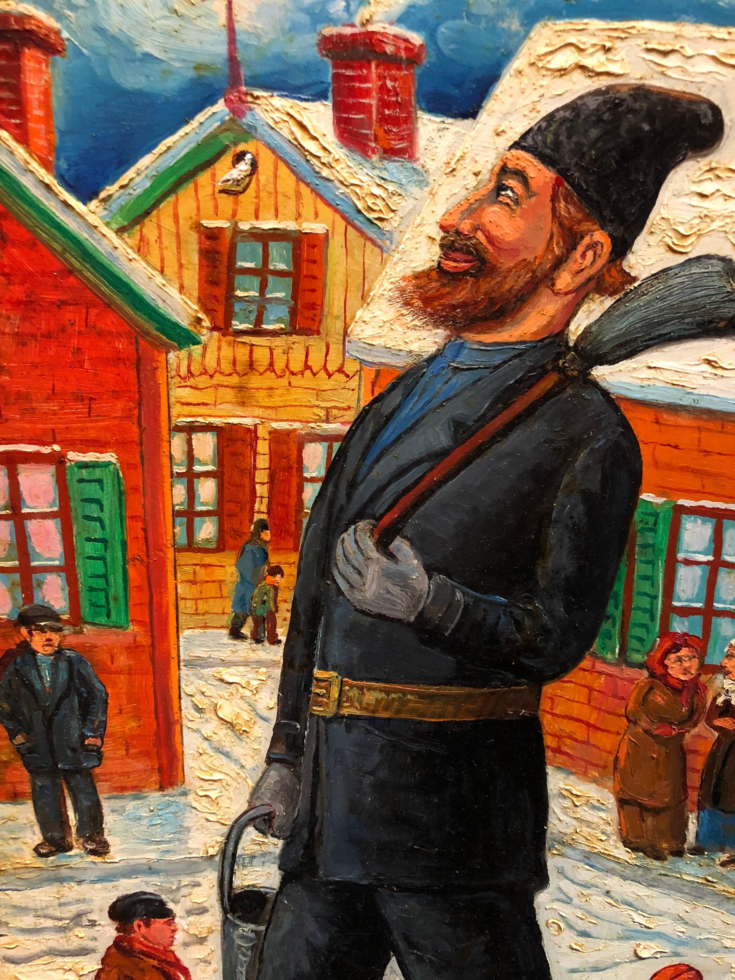 Peinture à l'huile Shtetl moderne « Proud Chimney Sweep » d'un artiste juif de la WPA - Painting de Maurice Kish