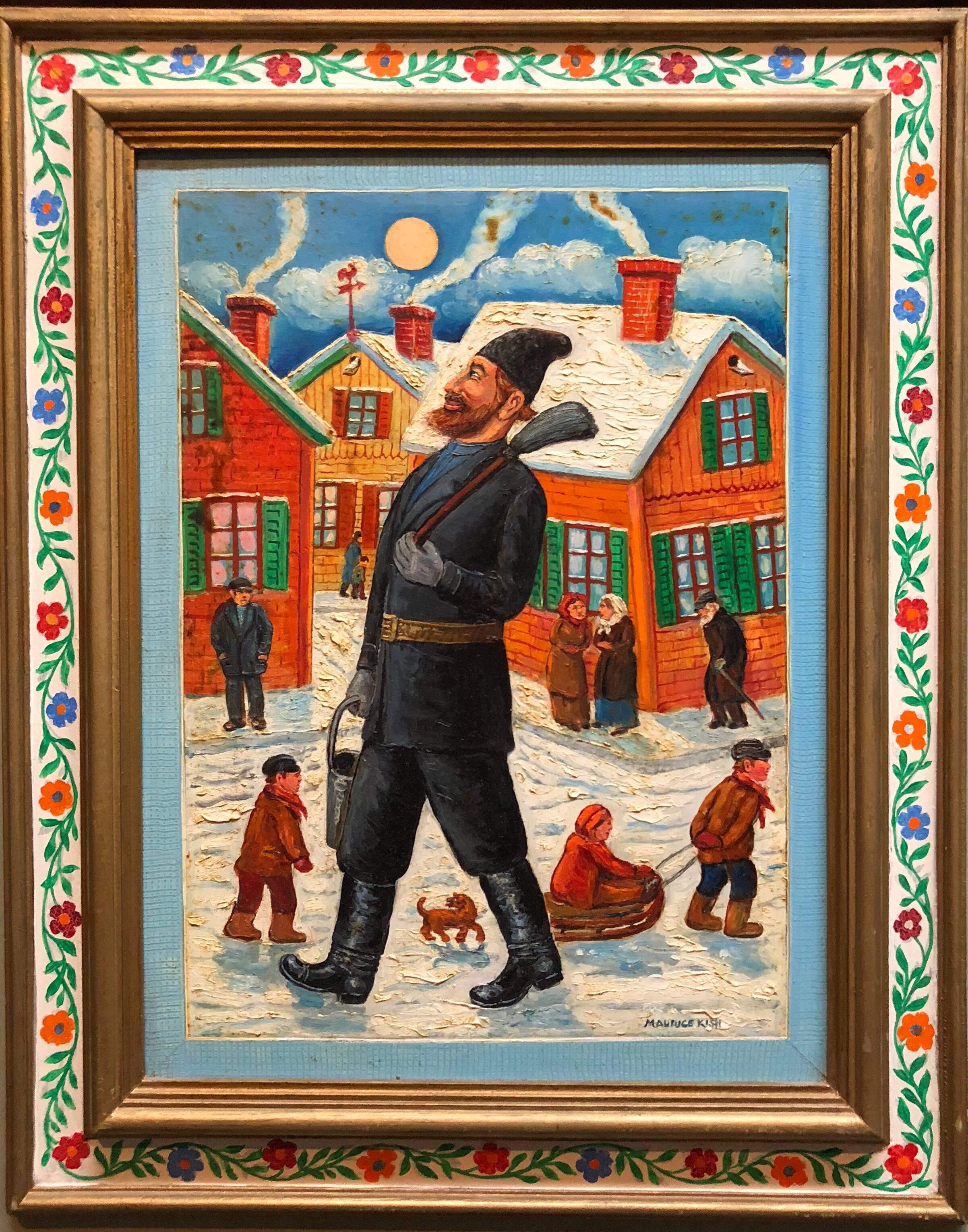 Peinture à l'huile Shtetl moderne « Proud Chimney Sweep » d'un artiste juif de la WPA - Moderne Painting par Maurice Kish