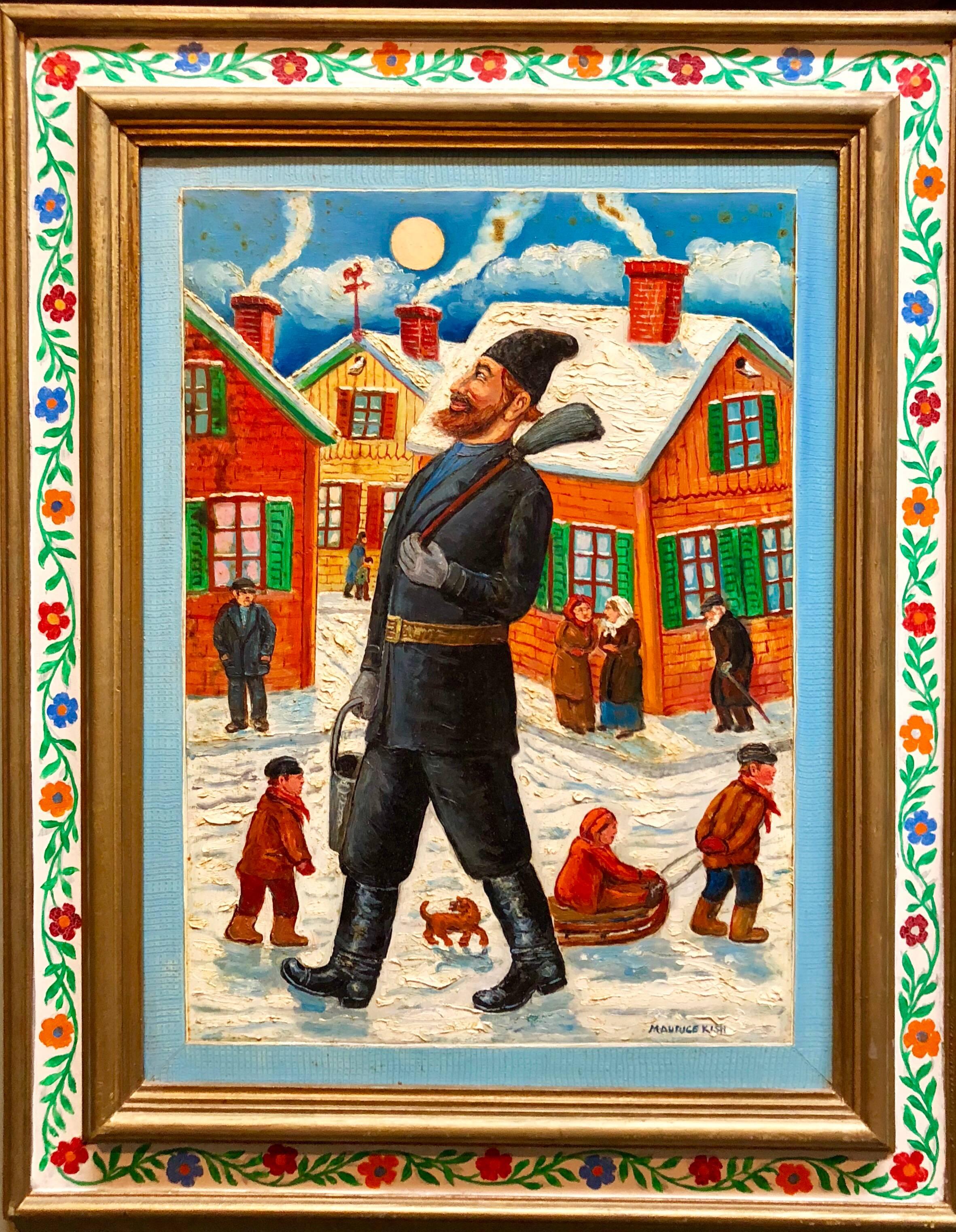 Figurative Painting Maurice Kish - Peinture à l'huile Shtetl moderne « Proud Chimney Sweep » d'un artiste juif de la WPA