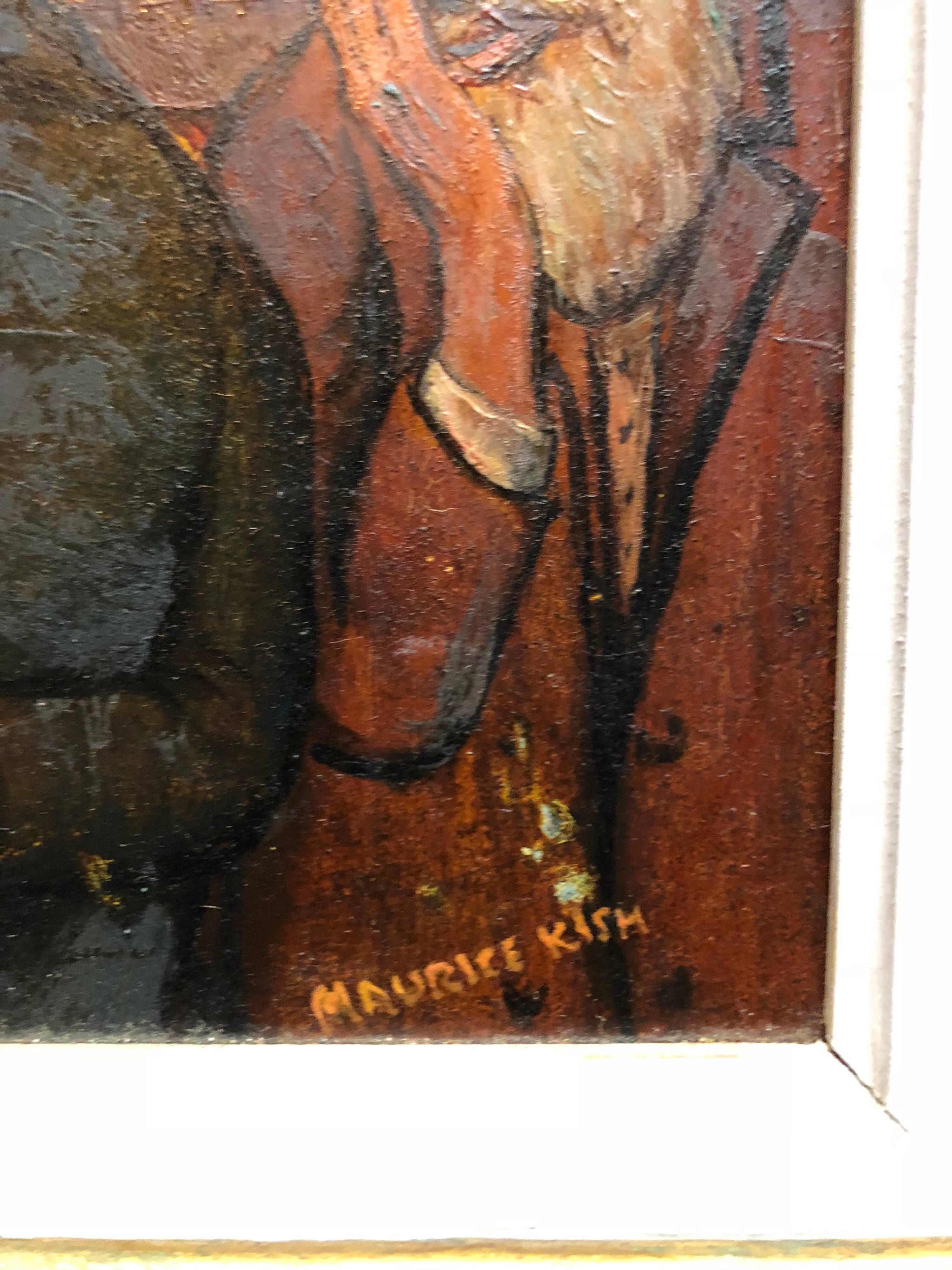 Genre: Modern
Subject: Hasidic Rabbi preaching in Synagogue
Medium: Oil
Surface: Board, size includes artist decorated frame 
Country: United States

The imagery of Maurice Kish (1895-1987), whether factories or carousels, reliably subverts
