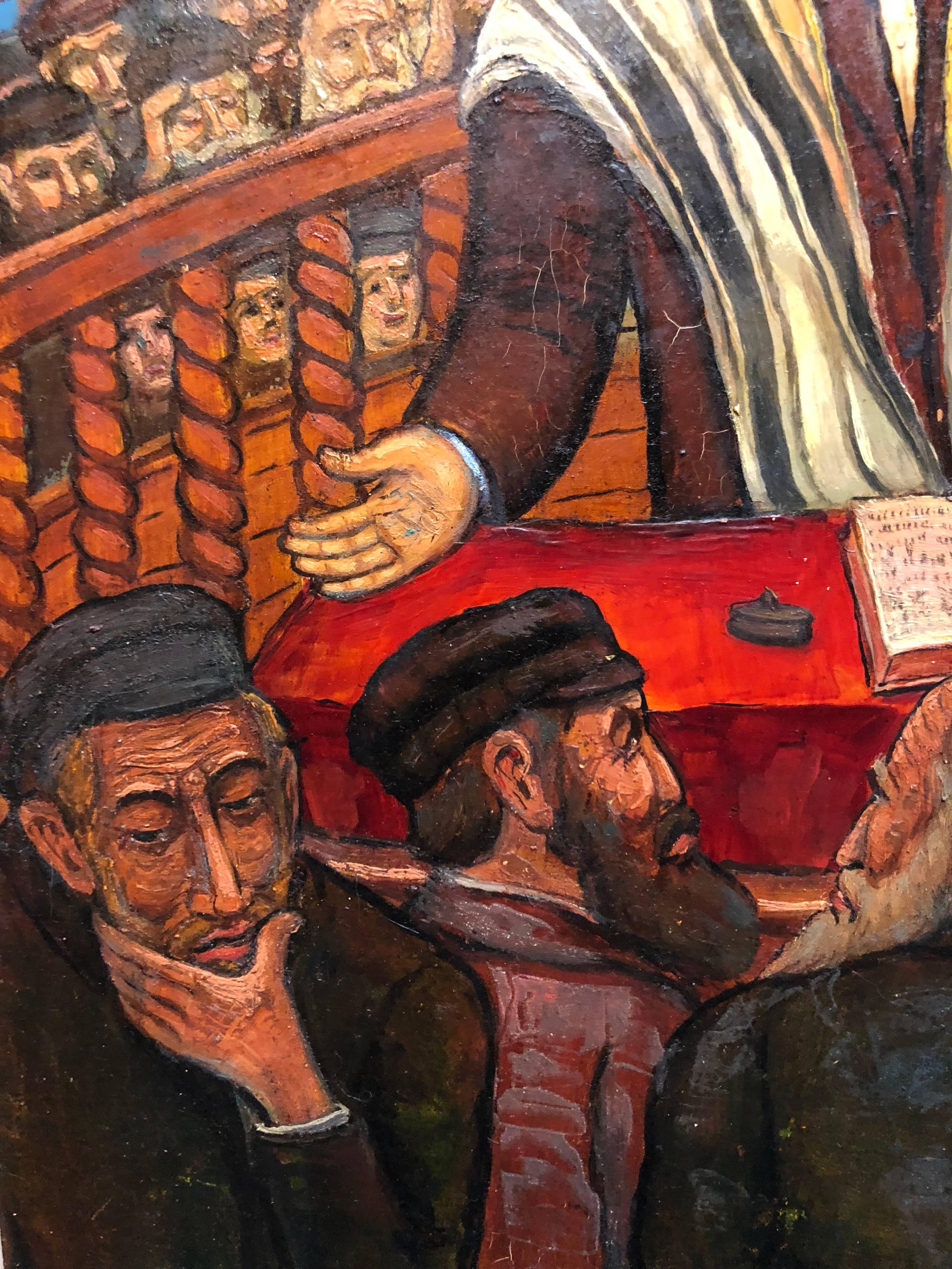 Genre: Modern
Subject: Hasidic Rabbi preaching in Synagogue
Medium: Oil
Surface: Board, size includes artist decorated frame 
Country: United States

The imagery of Maurice Kish (1895-1987), whether factories or carousels, reliably subverts