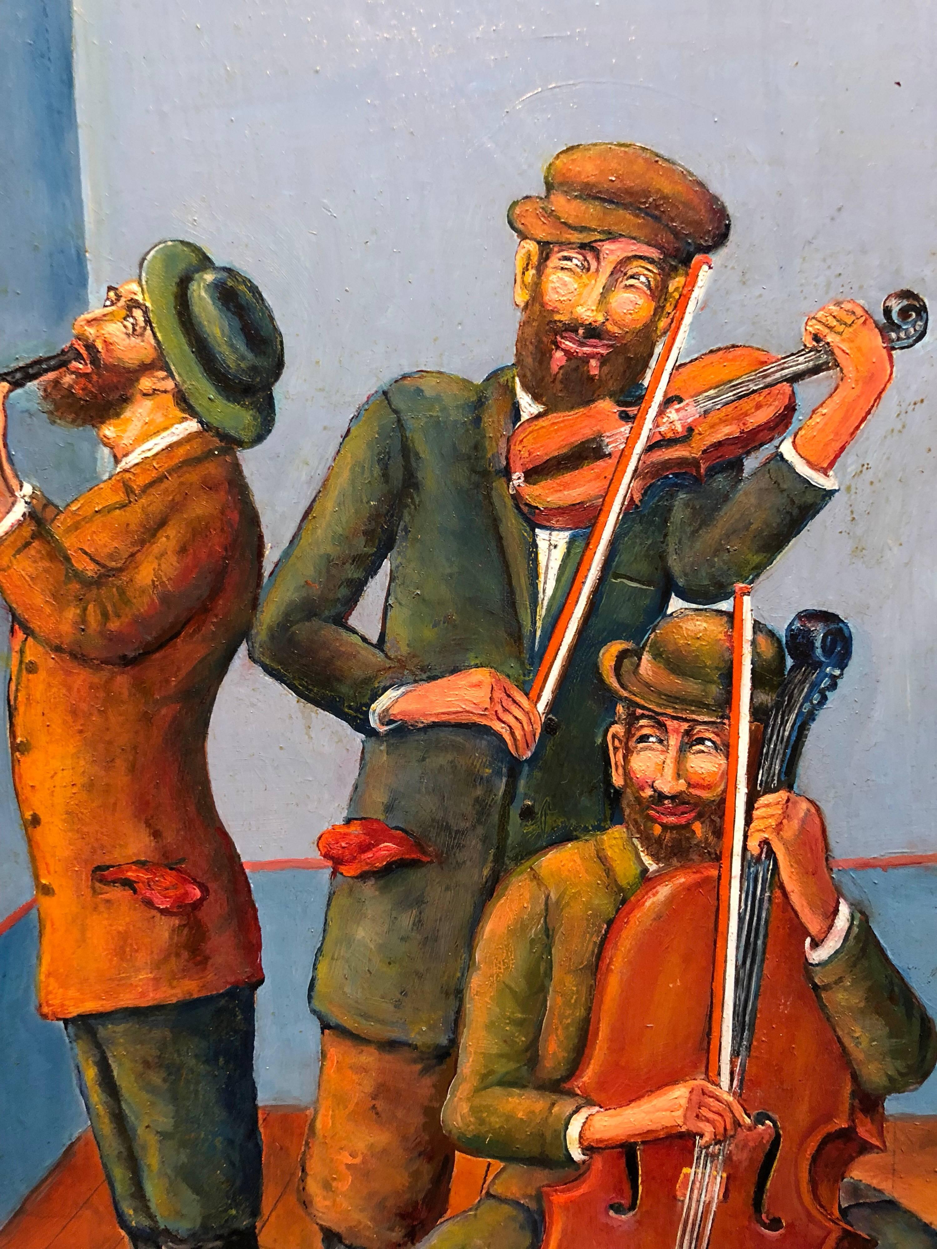 Trois musiciens Klezmer - Peinture à l'huile moderne judaïque de Shtetl d'un artiste juif de la WPA - Painting de Maurice Kish