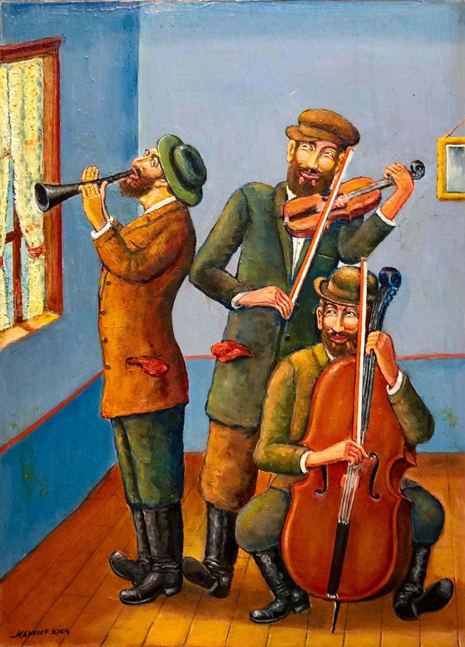 Three Klezmer Musicians Modern Judaica Shtetl Oil Painting WPA Jewish artist For Sale 2