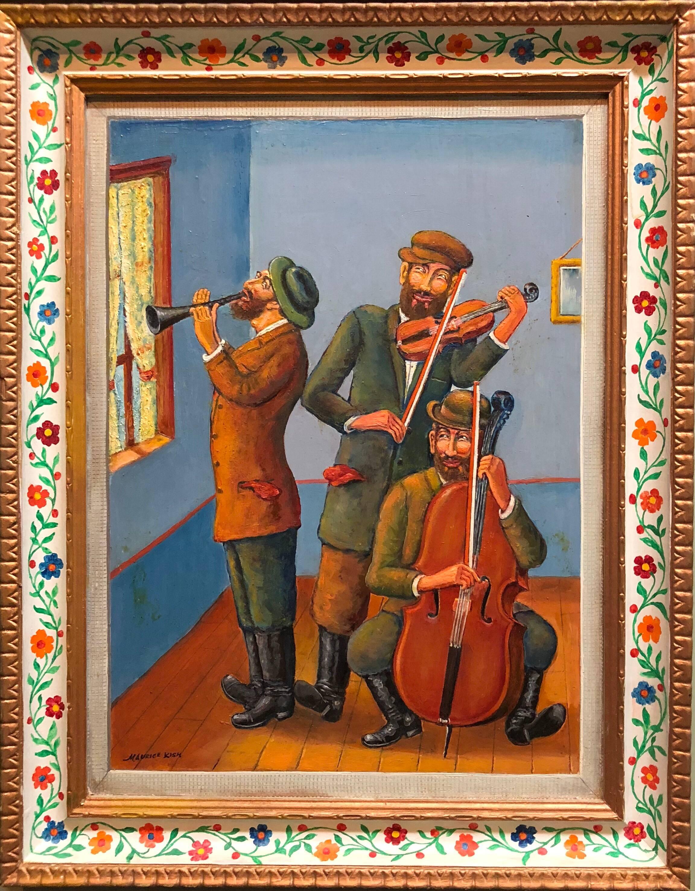 Portrait Painting Maurice Kish - Trois musiciens Klezmer - Peinture à l'huile moderne judaïque de Shtetl d'un artiste juif de la WPA
