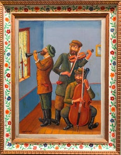 Used Three Klezmer Musicians Modern Judaica Shtetl Oil Painting WPA Jewish artist