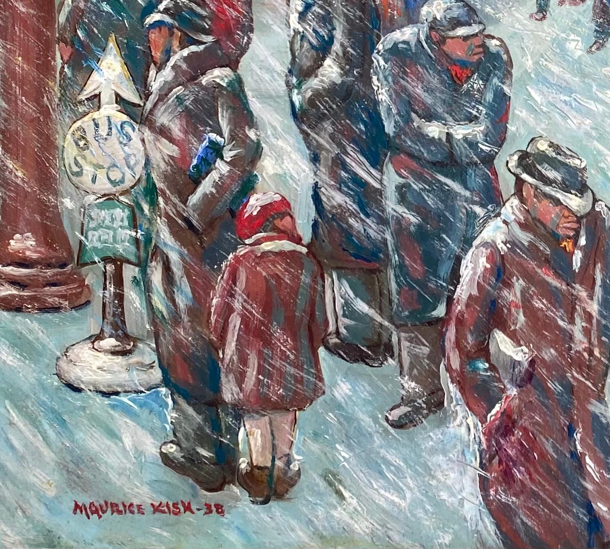 Waiting for the Bus in a Blizzard- WPA American Scene 1938 NYC Modernism Realism - Painting by Maurice Kish