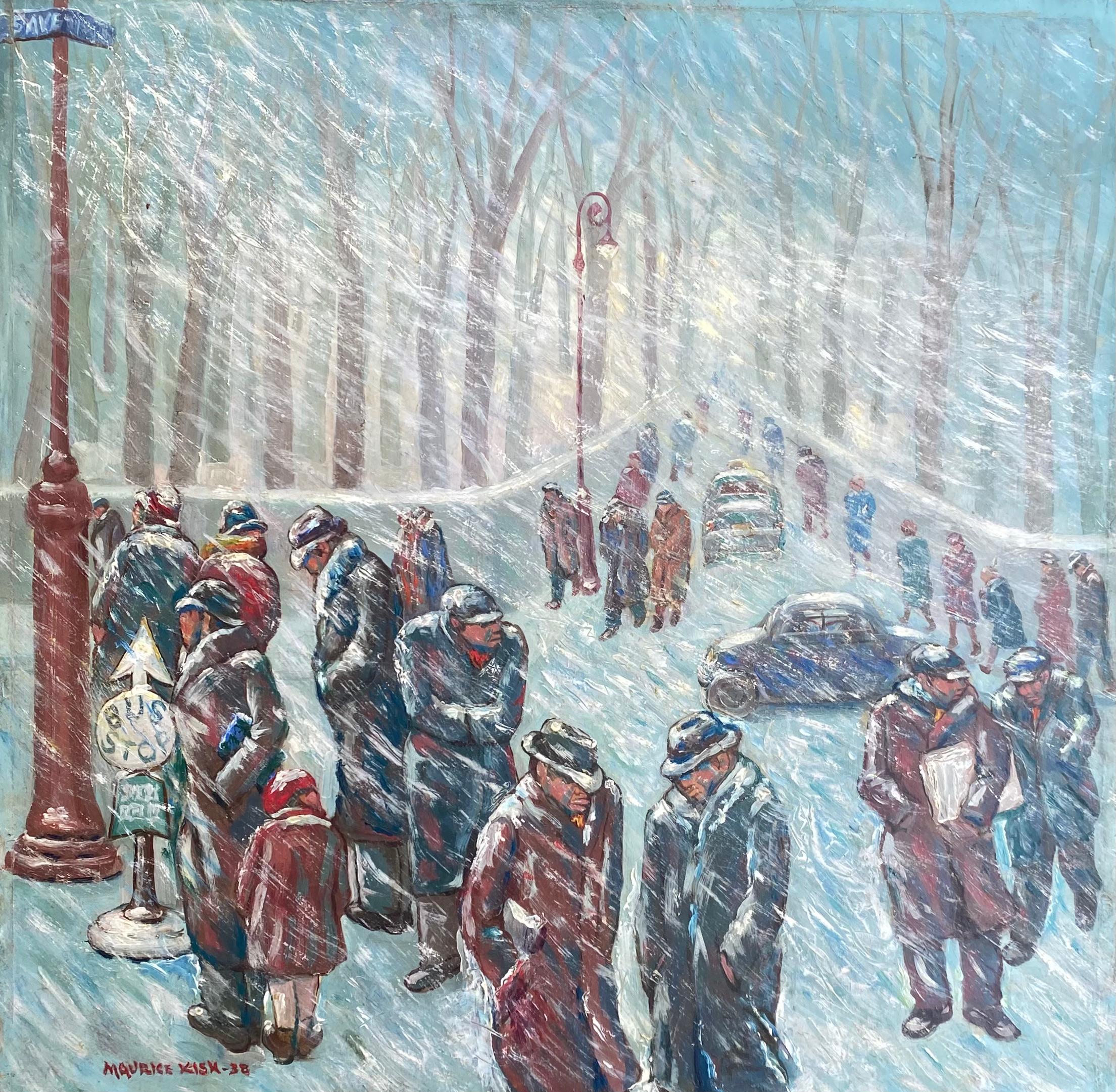 Waiting for the Bus in a Blizzard- WPA American Scene 1938 NYC Modernism Realism