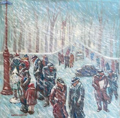 Antique Waiting for the Bus in a Blizzard- WPA American Scene 1938 NYC Modernism Realism