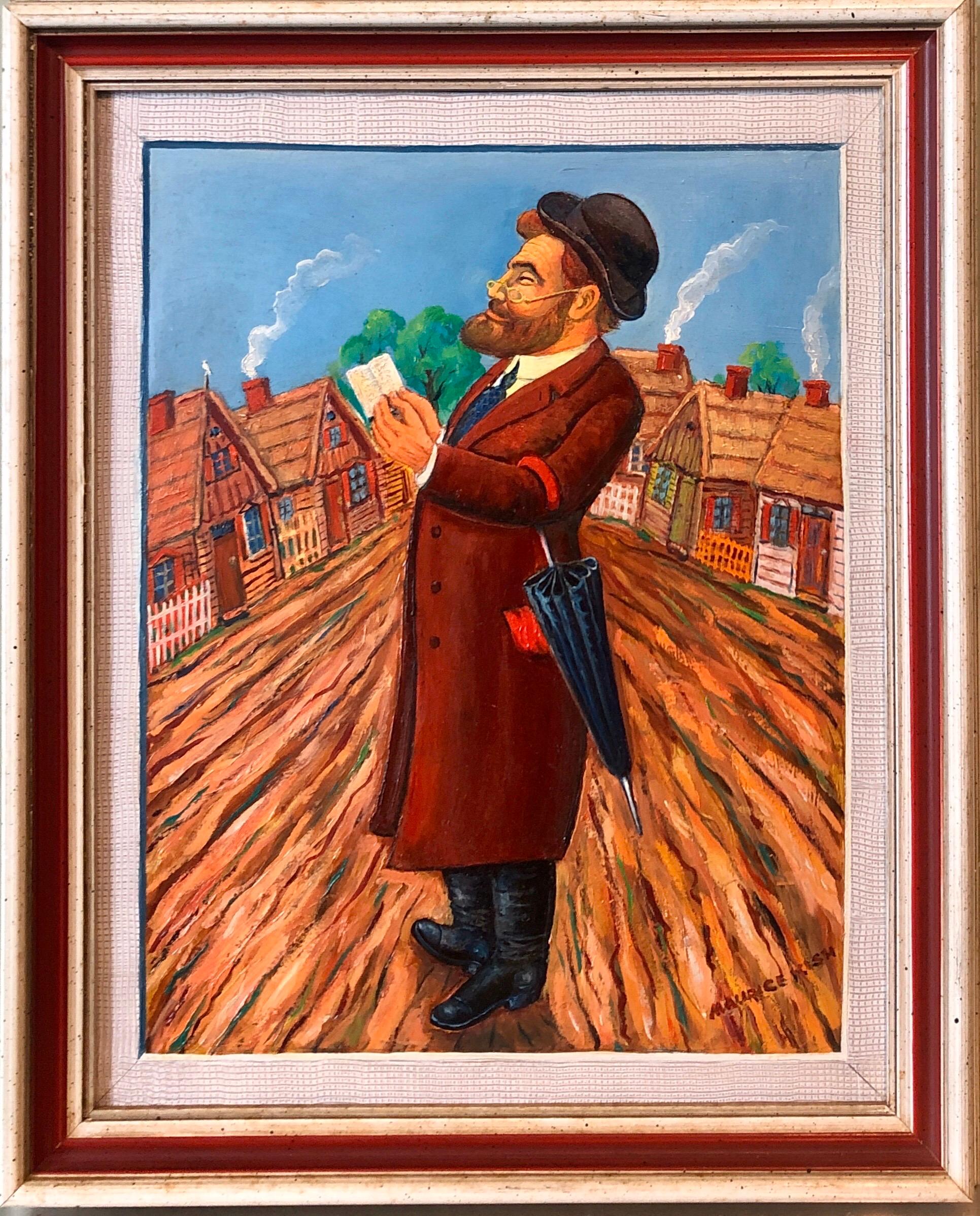 Peinture à l'huile fantaisiste judaïque Shtetl Shadchan Matchmaker de l'artiste populaire juif WPA - Painting de Maurice Kish