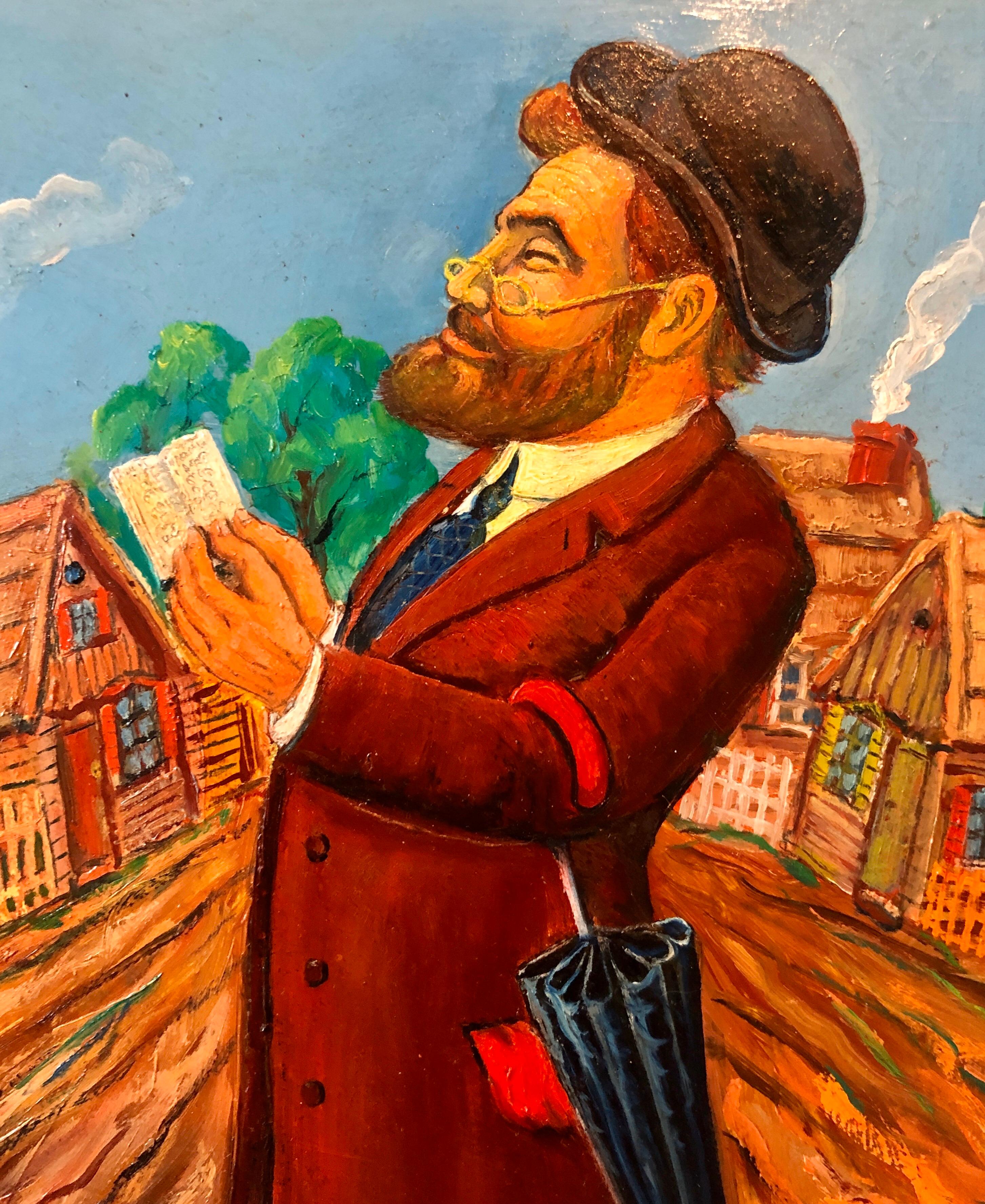 Peinture à l'huile fantaisiste judaïque Shtetl Shadchan Matchmaker de l'artiste populaire juif WPA - Artisanat Painting par Maurice Kish