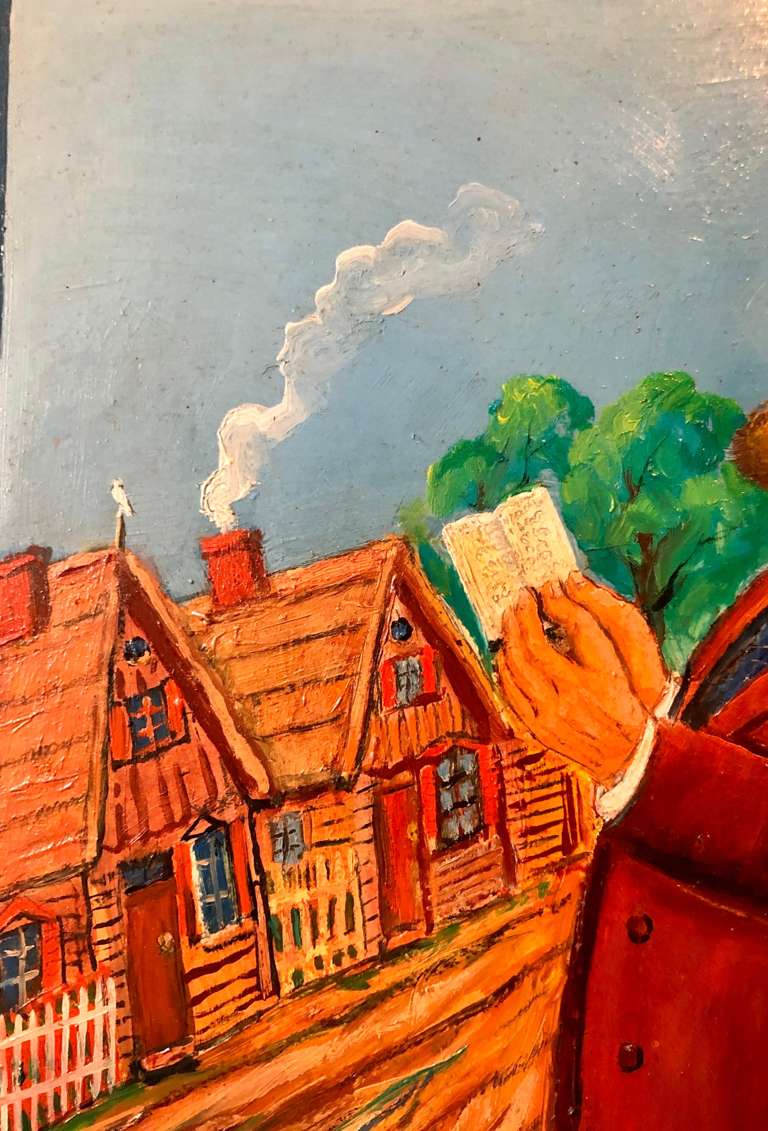 Estroso Judaica Shtetl Shadchan Matchmaker Pittura a olio WPA Artista popolare ebreo in vendita 1
