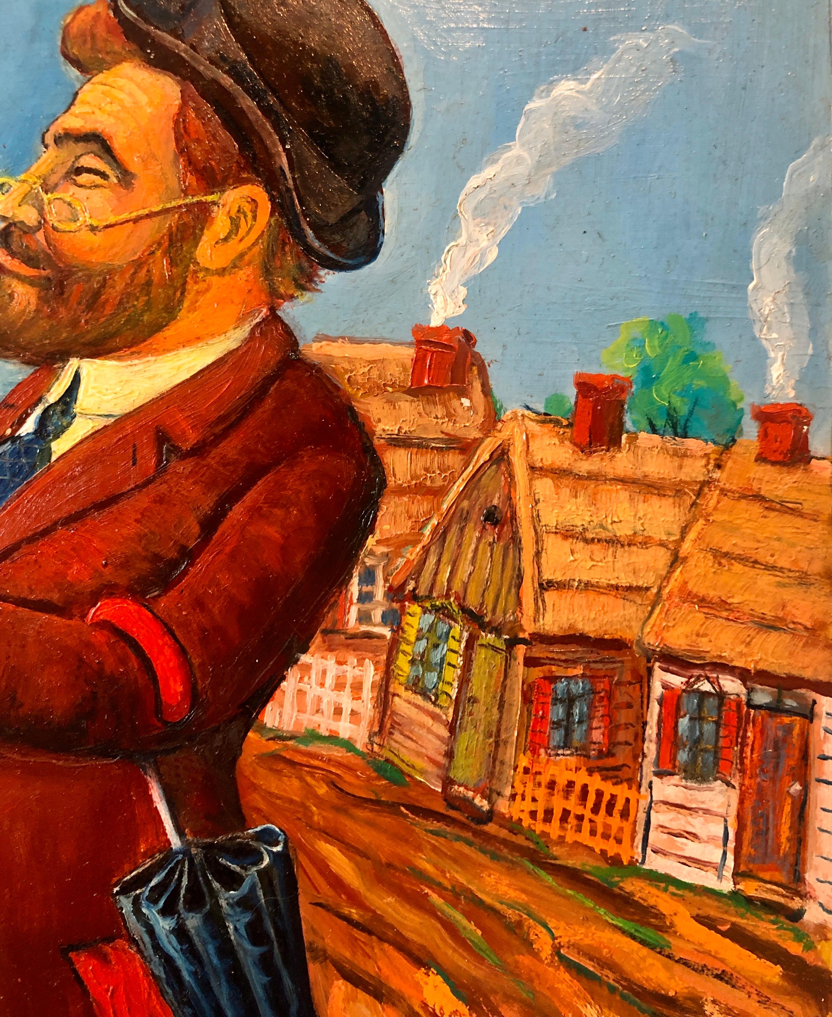 Estroso Judaica Shtetl Shadchan Matchmaker Pittura a olio WPA Artista popolare ebreo in vendita 2