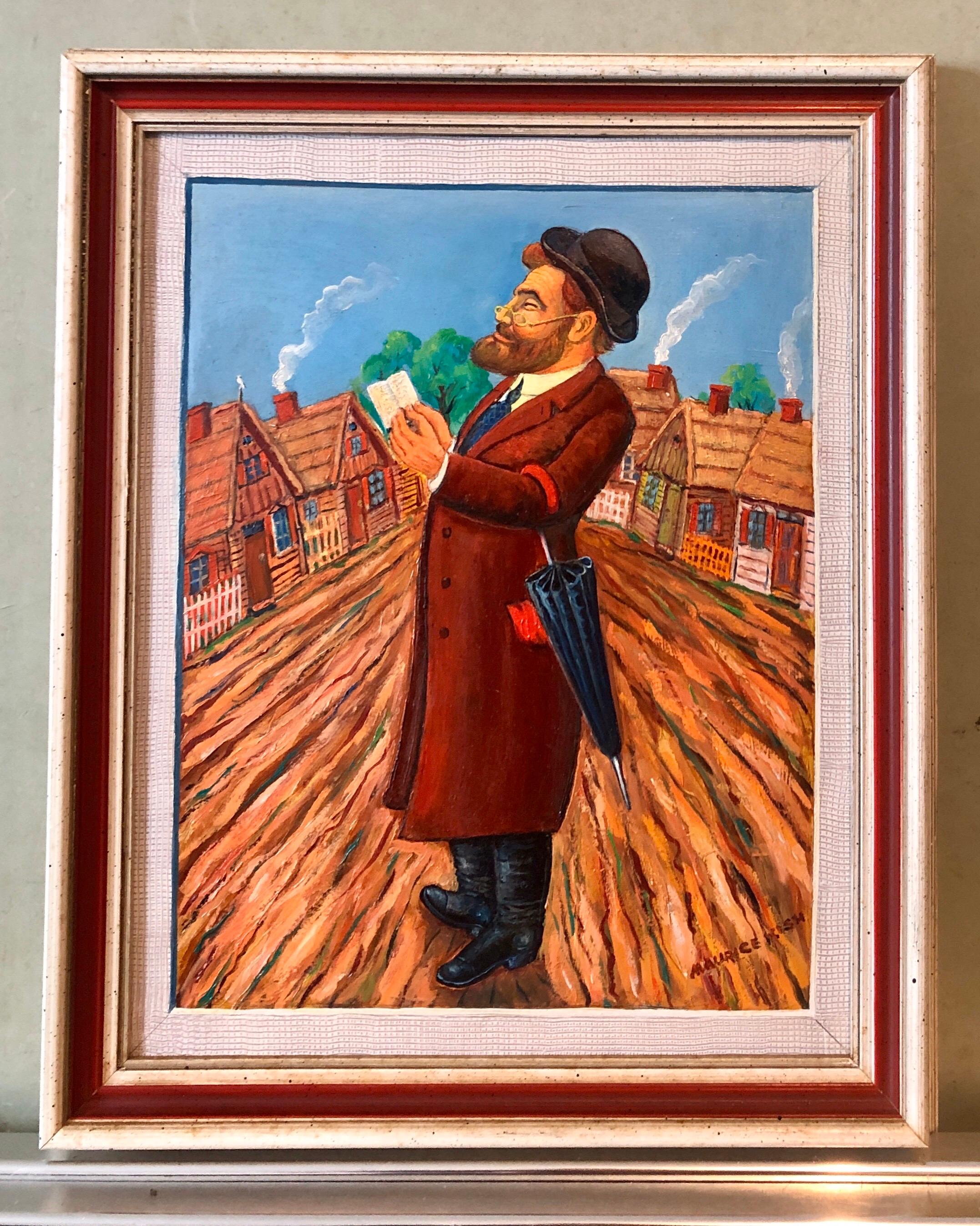 Whimsical Judaica Shtetl Shadchan Matchmaker Oil Painting WPA Jewish Folk Artist For Sale 3