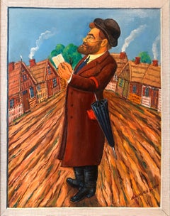 Peinture à l'huile fantaisiste judaïque Shtetl Shadchan Matchmaker de l'artiste populaire juif WPA