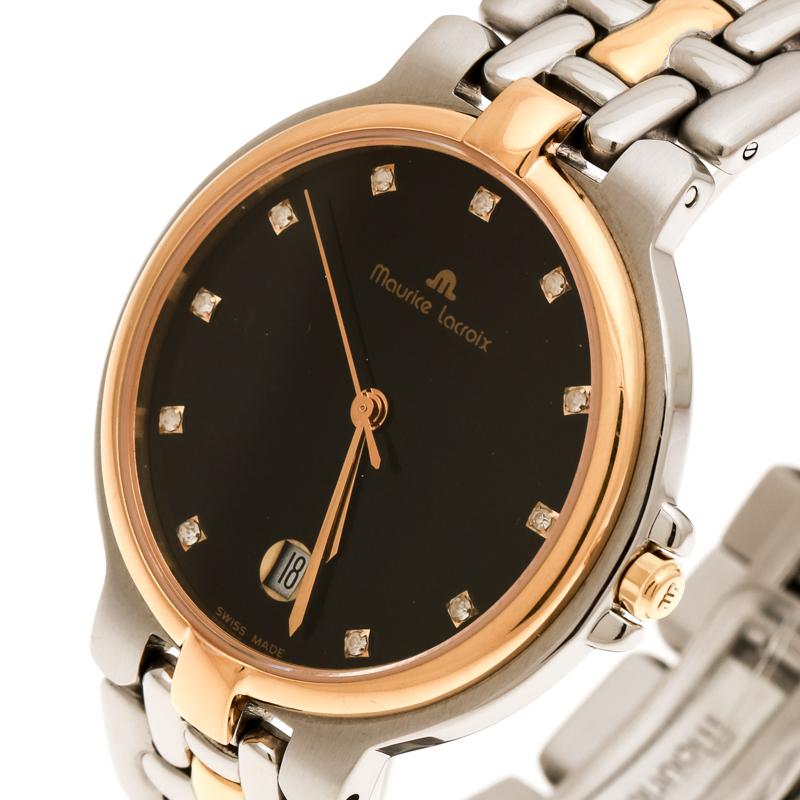 Add the luxury update to your everyday style via this Maurice Lacroix wristwatch. The timepiece comes made from two-tone stainless steel. On the black dial, there are stone hour markers and a date window at the 6 o'clock position. More features like