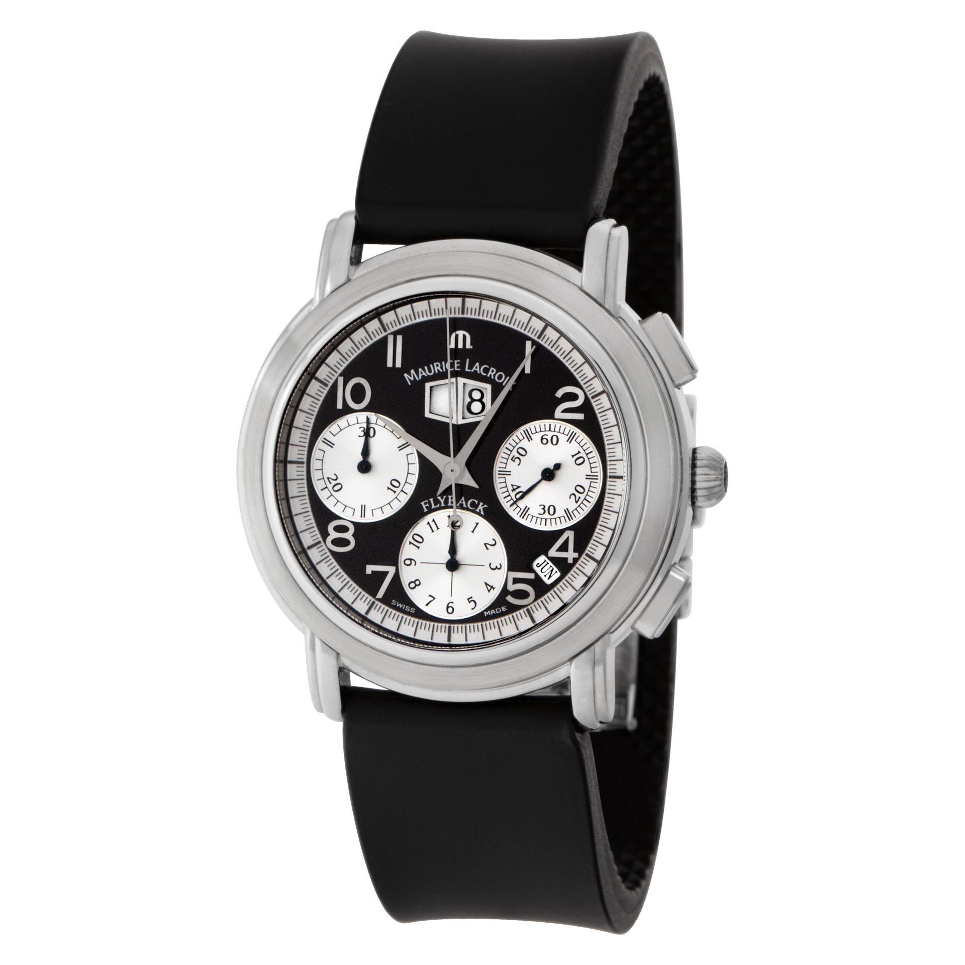 Maurice Lacroix Flyback Chrono in stainless steel on a rubber strap wih deployant buckle. Auto w/ subseconds, date, month and chronograph. 40 mm case size. Ref mp6098-ss001-12e. Fine Pre-owned Maurice Lacroix Watch. Certified preowned Maurice