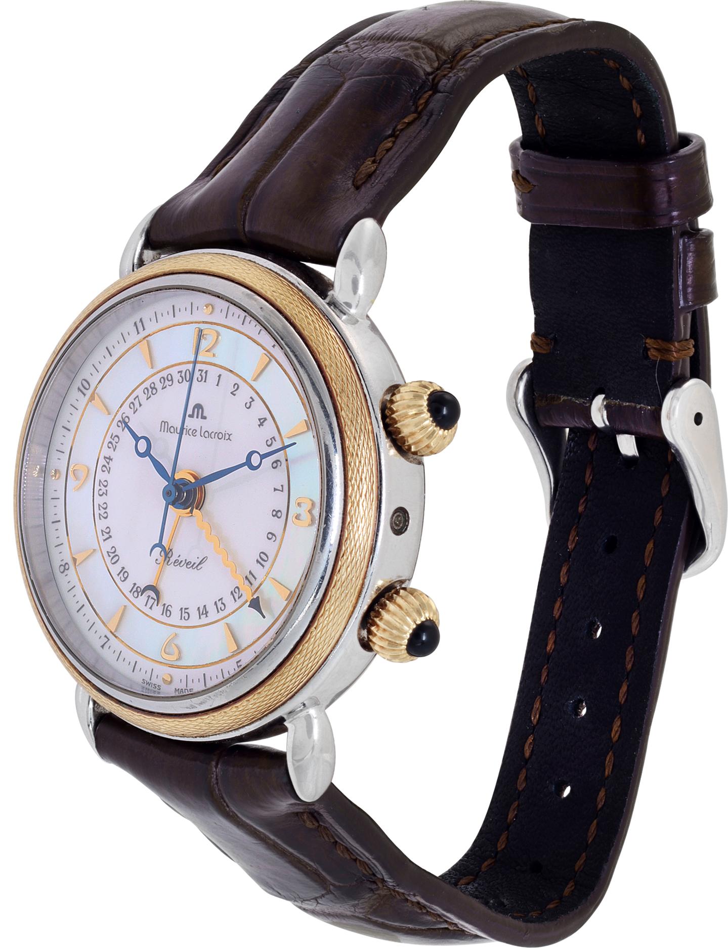 Maurice Lacroix Masterpiece Reveil (Alarm) in 18k & stainless steel with mother of pearl dial. Manual wind movement under glass w/ date and alarm. 36 mm case size. Ref 63511. Fine Pre-owned Maurice Lacroix Watch.

 Certified preowned Classic Maurice