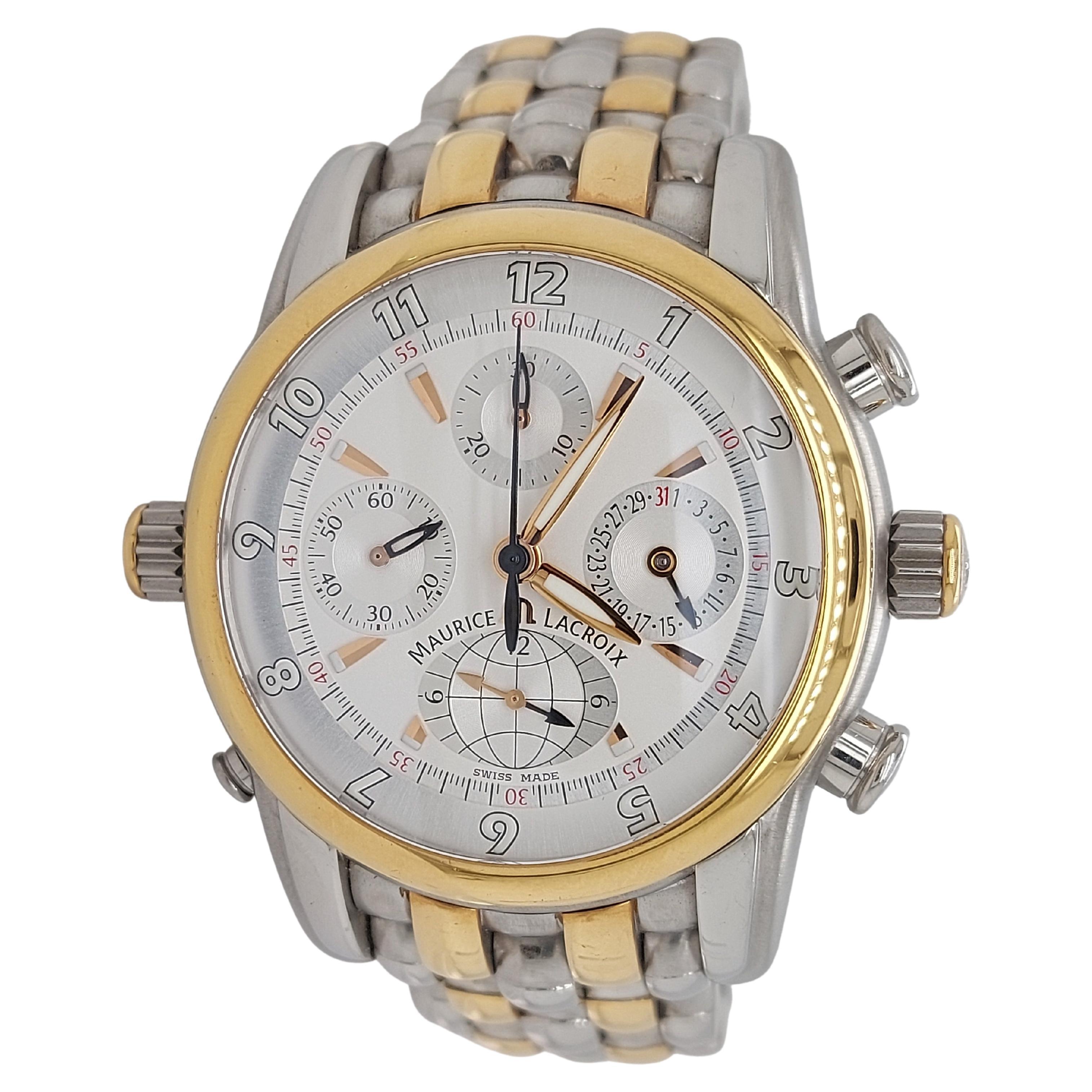 Maurice Lacroix Masterpiece Chrono Globe Steel & Gold Wrist Watch, Full Set For Sale