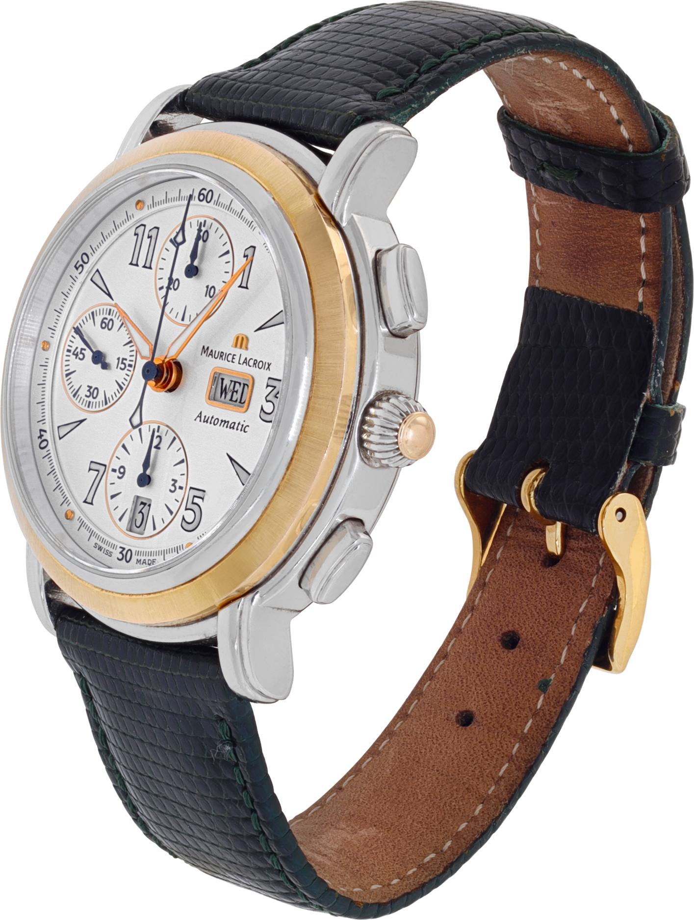 Maurice Lacroix Masterpiece Croneo Chronograph in 18k & stainless steel on a dark green lizard strap. Auto movement under glass w/ date, day and chronograph. 40 mm case size. Ref 67839. Fine Pre-owned Maurice Lacroix Watch.

 Certified preowned