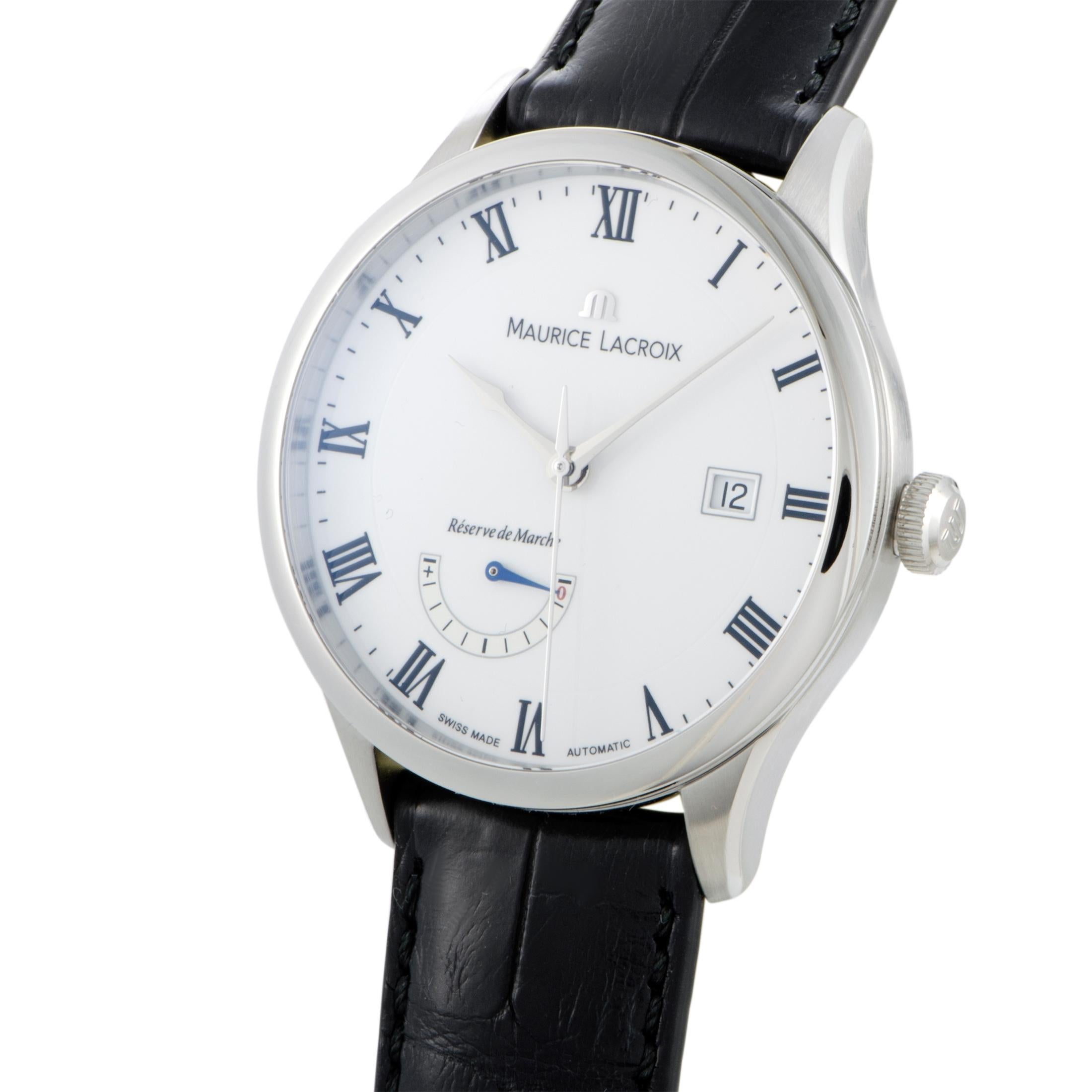 With its extremely tasteful and splendidly subtle design codes such as the neatly stylized numerals, wonderfully clear dial, and elegant contrast of the minimalistic two-toned appearance, this remarkable timepiece from Maurice Lacroix offers a look