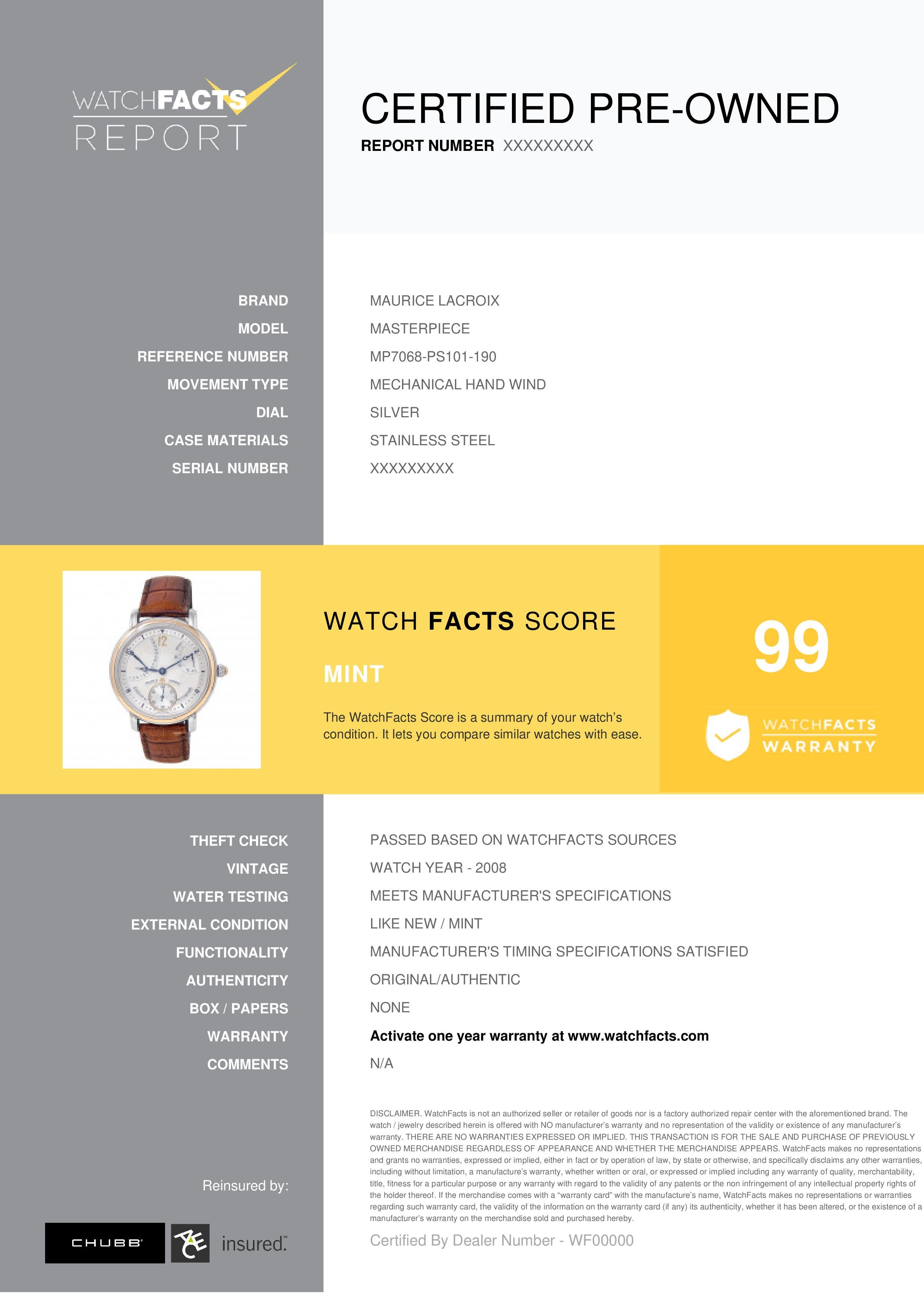 Maurice Lacroix Masterpiece Reference #:  MP7068-PS101-190 . Mens Mechanical Hand Wind Watch Stainless Steel Silver 43 MM. Verified and Certified by WatchFacts. 1 year warranty offered by WatchFacts.