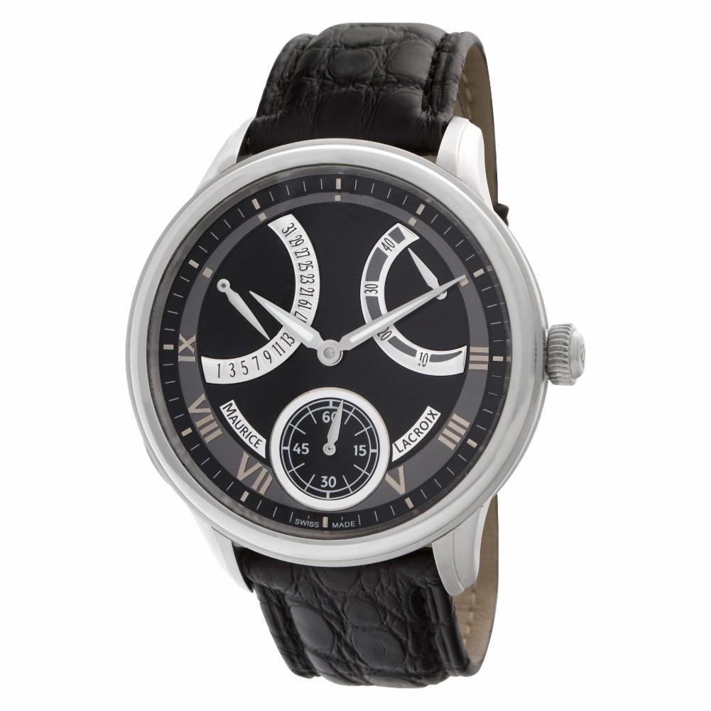Maurice Lacroix Masterpiece in stainless steel on leather strap. Manual w/ subseconds, date and power reserve. 44 mm case size. Ref MP7268. Circa 2010's. Fine Pre-owned Maurice Lacroix Watch. Certified preowned Sport Maurice Lacroix Masterpiece