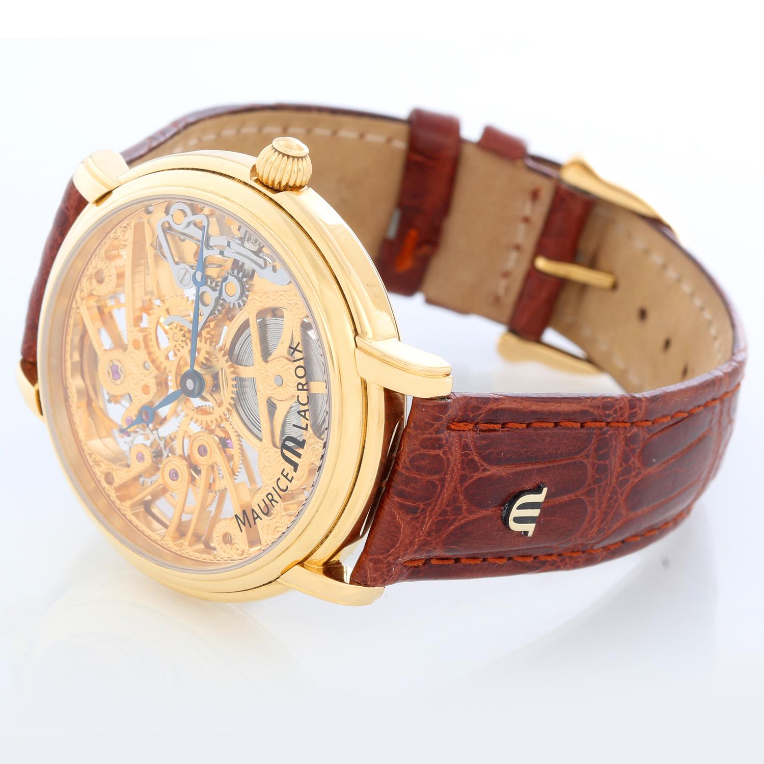 Maurice Lacroix Masterpiece Squelette 18K Yellow Gold Mens Watch - Manual winding. 18K yellow gold ( 43 mm ). Skeleton dial. Brown leather Maurice Lacroix strap with gold Maurice Lacroix buckle. Pre-owned with box and papers.