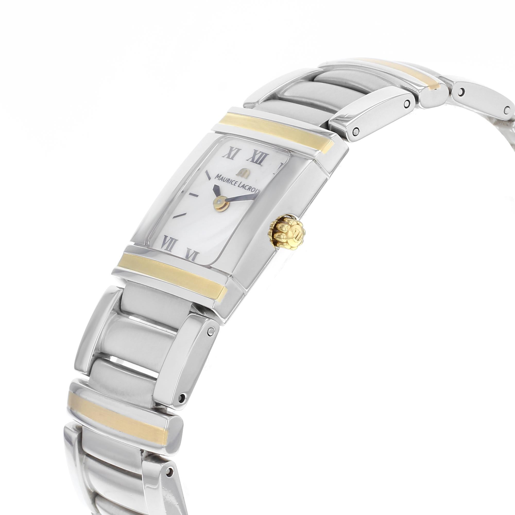 This pre-owned Maurice Lacroix Miros MI2012-YS105-110 is a beautiful Ladies timepiece that is powered by a quartz movement which is cased in a stainless & solid gold case. It has a rectangle shape face, dial and has hand roman numerals style
