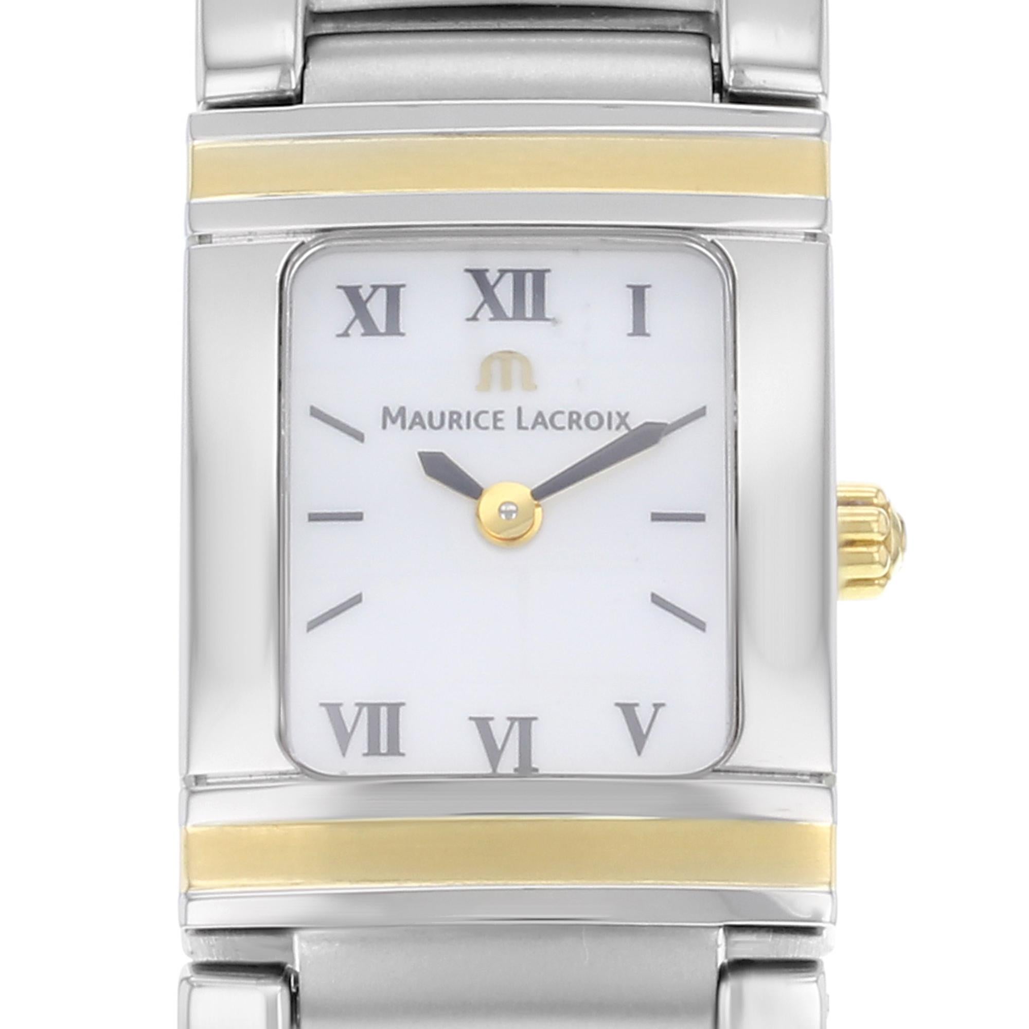 This pre-owned Maurice Lacroix Miros  MI2012-YS105-110 is a beautiful Womens timepiece that is powered by a quartz movement which is cased in a stainless & solid gold case. It has a rectangle shape face,  dial and has hand roman numerals style