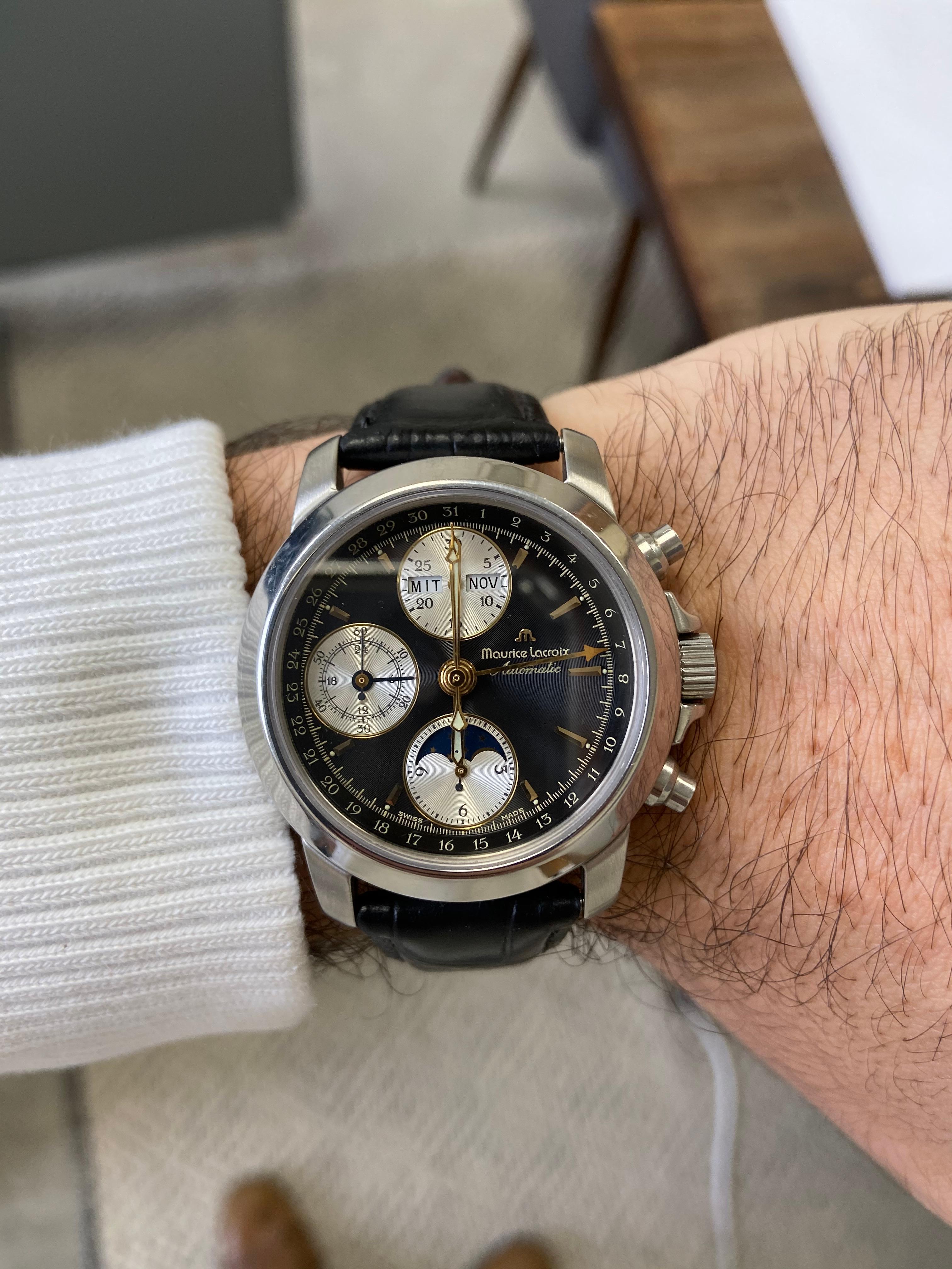 Here is a beautiful entry level automatic Maurice Lacroix watch.
Has a day, month and date display in German.
Chronograph option and elegant look makes this a great everyday watch and also a perfect dress watch for a dinner at a nice