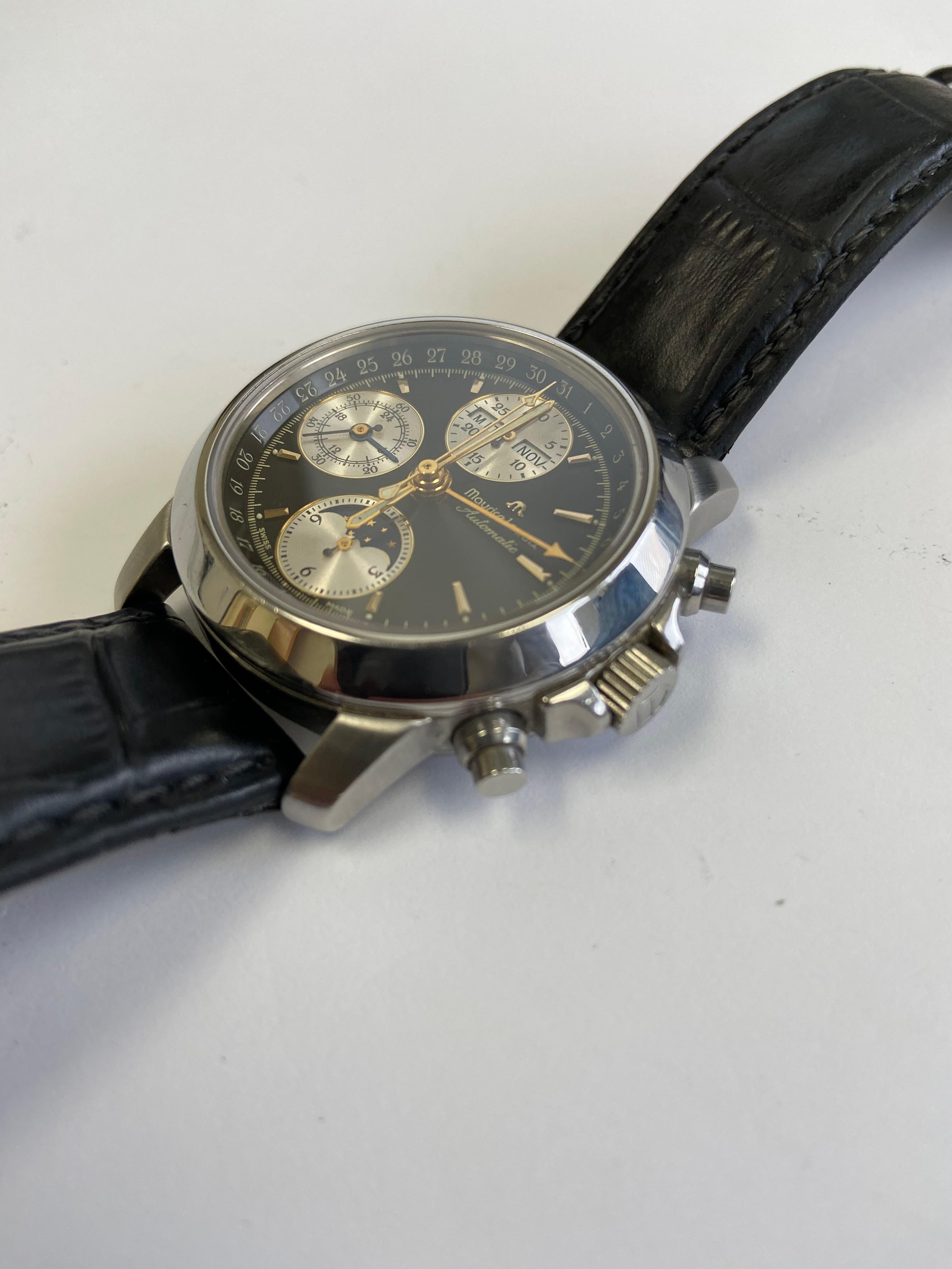 Maurice Lacroix Moonphase Triple Date Chronograph Ref 02736 Leather Strap In Good Condition For Sale In Houston, TX