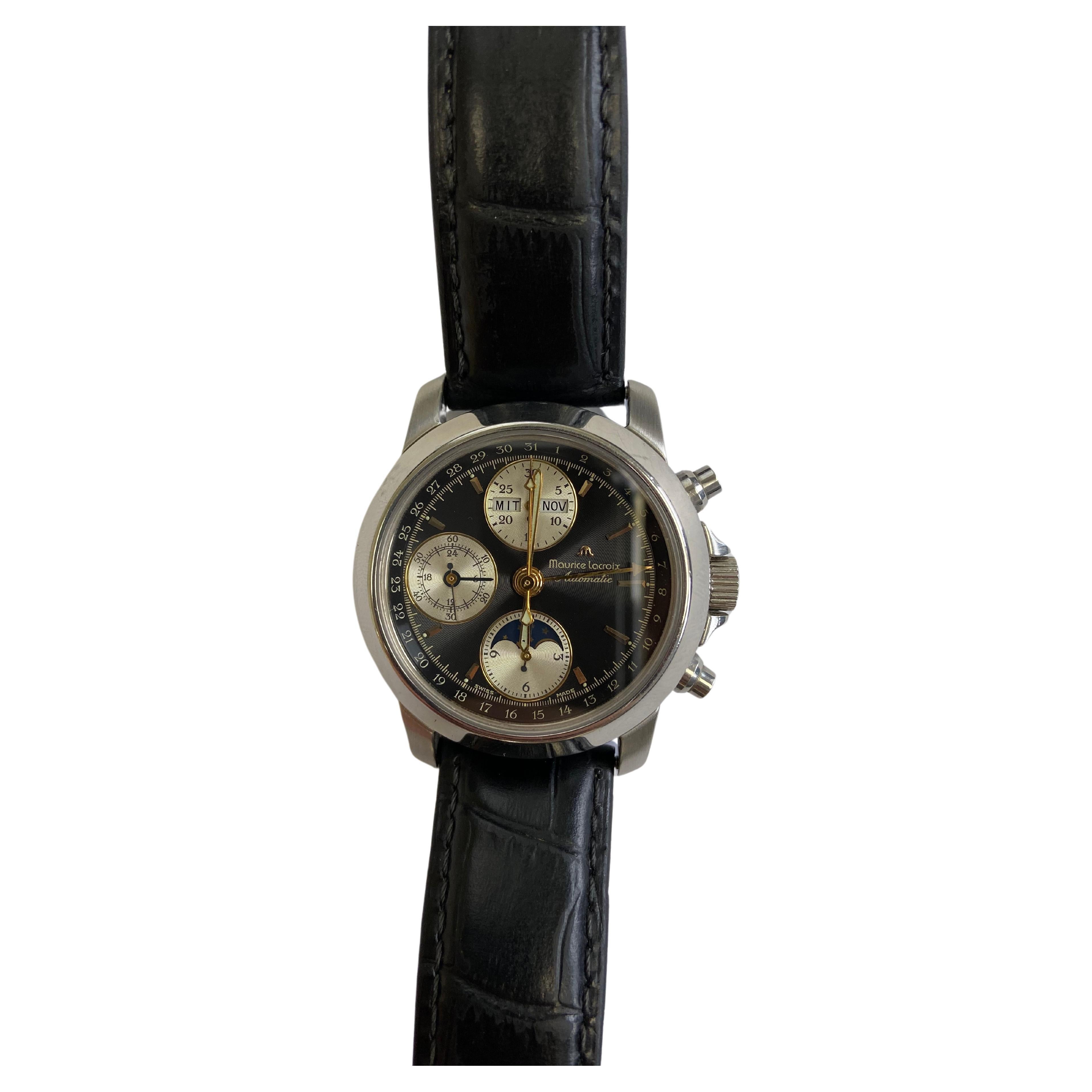 Maurice Lacroix Moonphase Triple Date Chronograph Ref 02736 Leather Strap For Sale