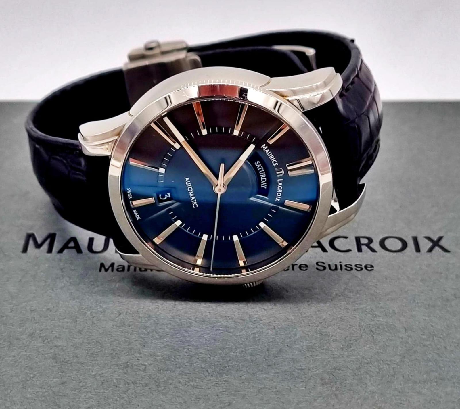 Maurice Lacroix Pontos, men's wristwatch, automatic, steel with leather strap and folding clasp, Ref: PT 6150, AU 20625, case diameter: 41 mm, year 2016, fully functional, guarantee, with box and warranty card.
Perfect condition.