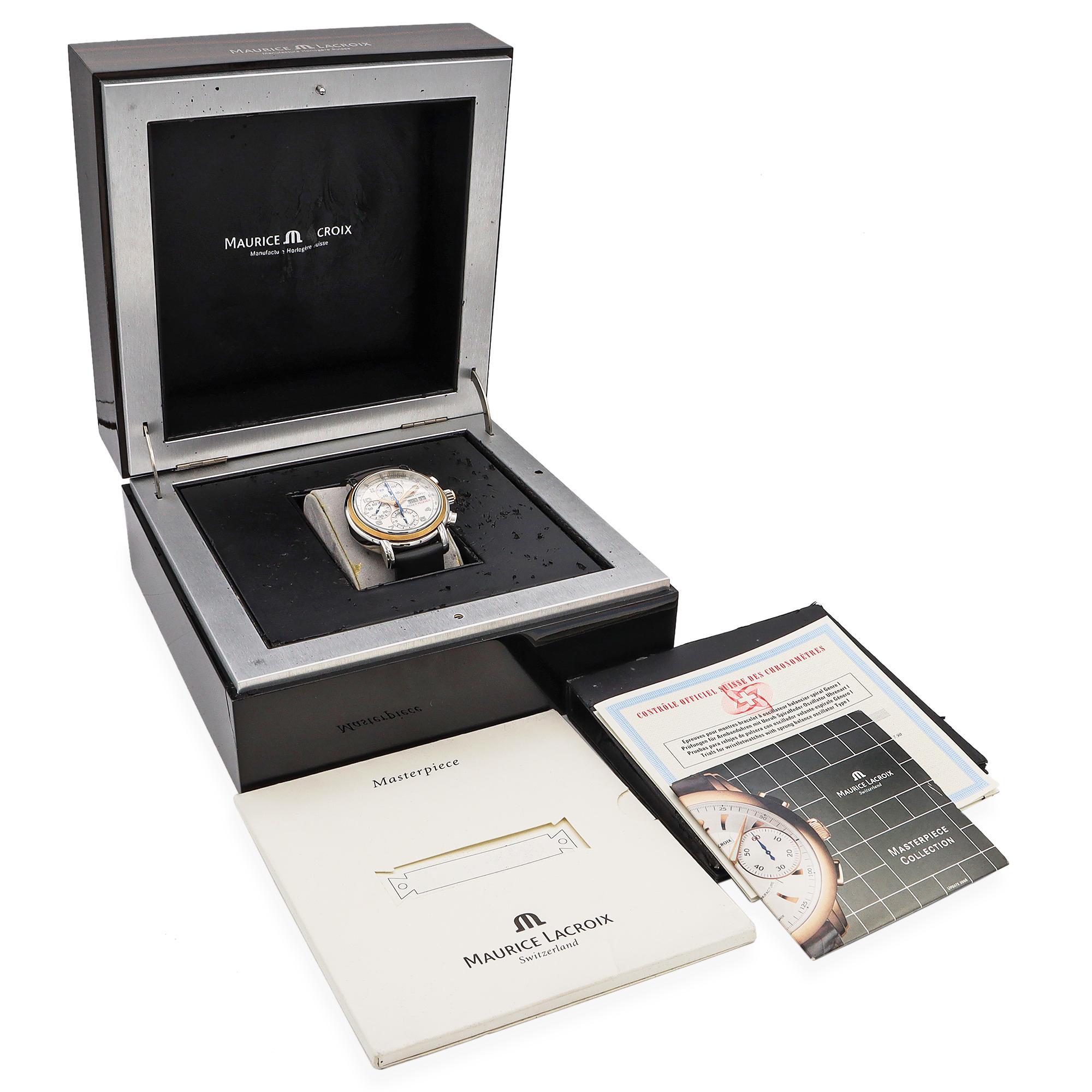 This Maurice Lacroix Roger Federer Limited Edition Chronograph is a refined blend of precision and luxury. The watch features a stainless steel case complemented by an 18K gold bezel, adding a touch of sophistication. Its silver guilloché dial is