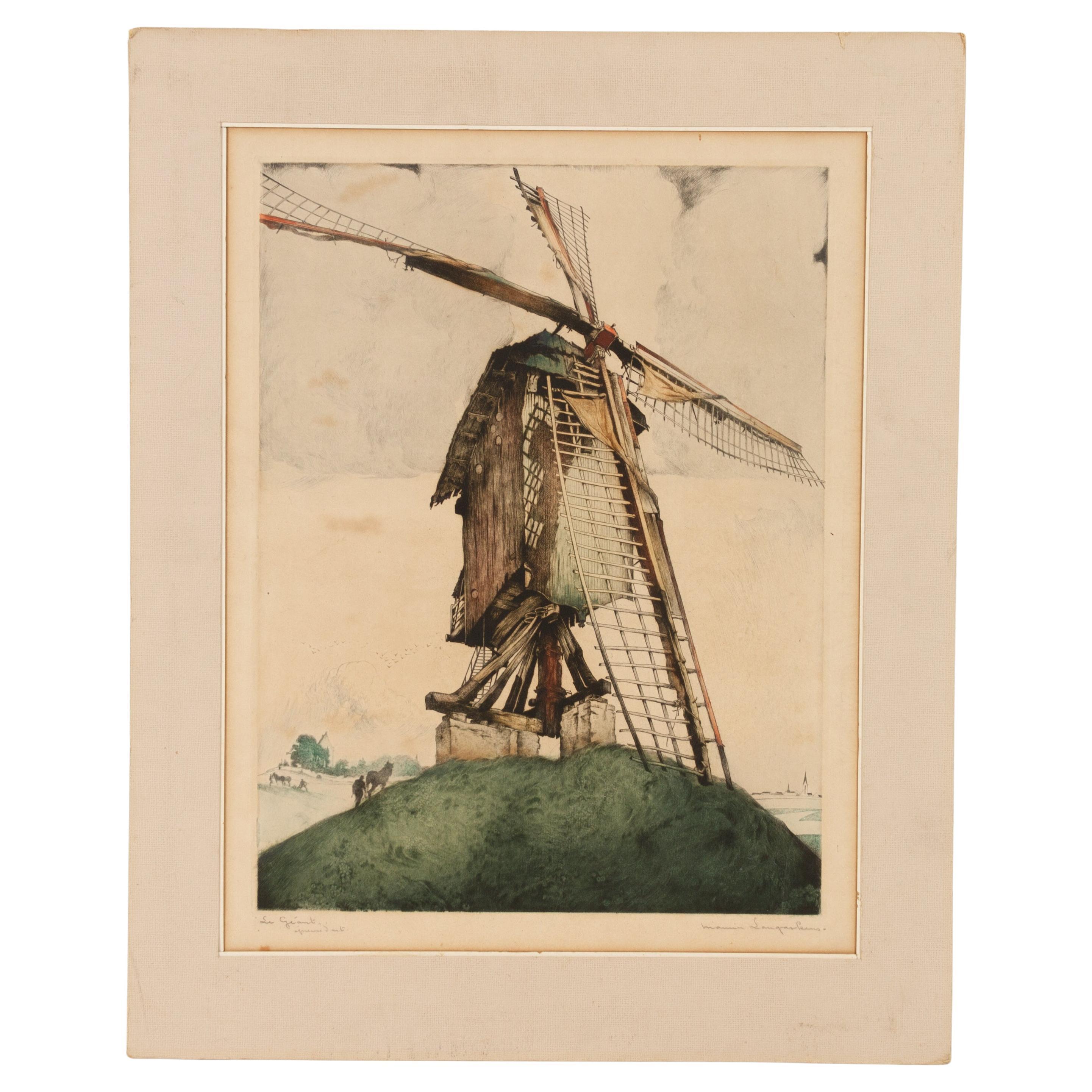 Maurice Langaskens (1884-1946) Windmill Coloured Lithograph Belgian