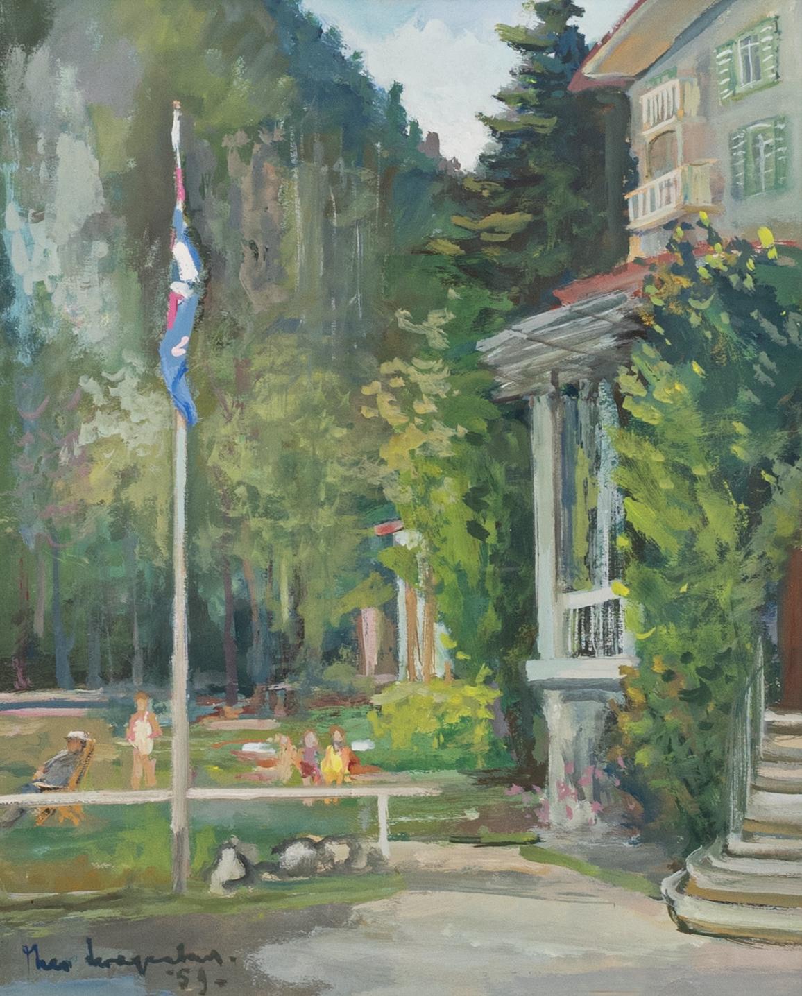 Peinture à l'aquarelle d'une maison d'été, d'un drapeau,  dans un cadre doré - Art de Maurice Langaskens