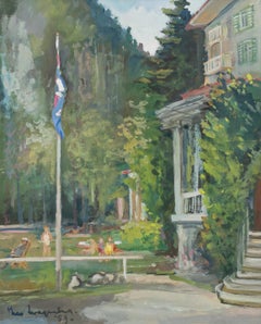 Watercolor painting of a summer house, a flag,  in golden frame