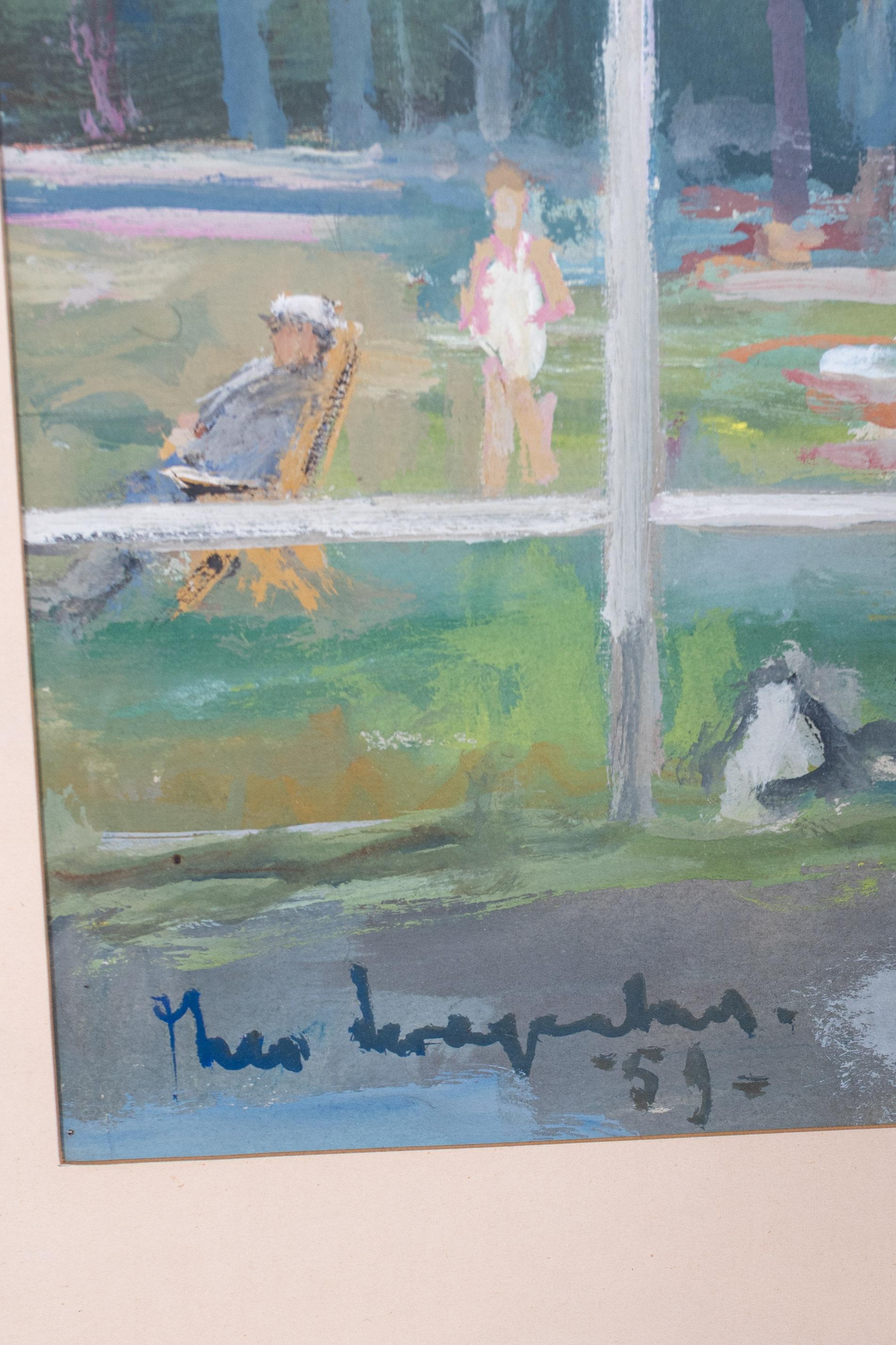 Peinture à l'aquarelle d'une maison d'été, d'un drapeau,  dans un cadre doré - Beige Landscape Art par Maurice Langaskens