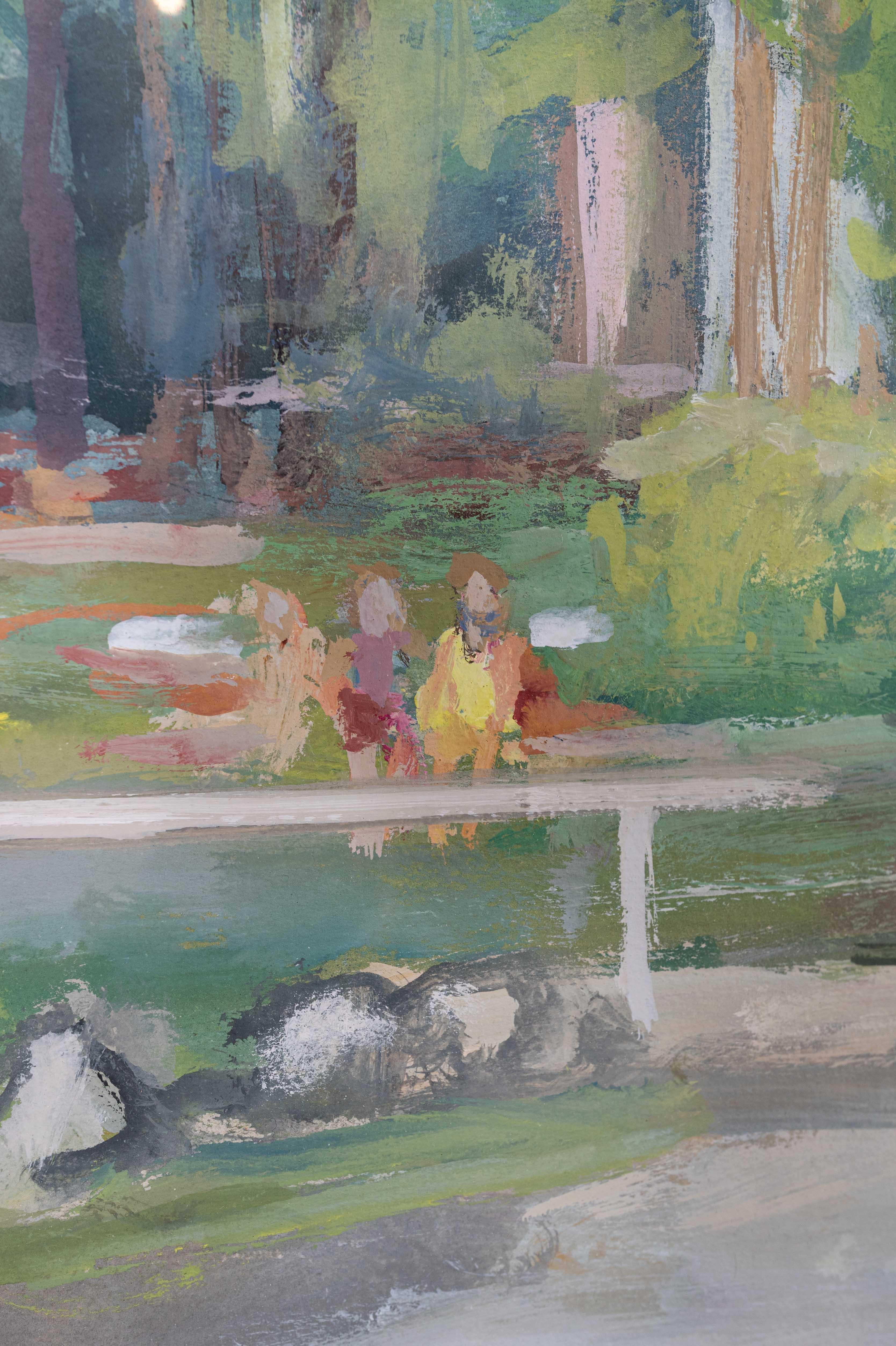 Peinture à l'aquarelle d'une maison d'été, d'un drapeau,  dans un cadre doré en vente 1