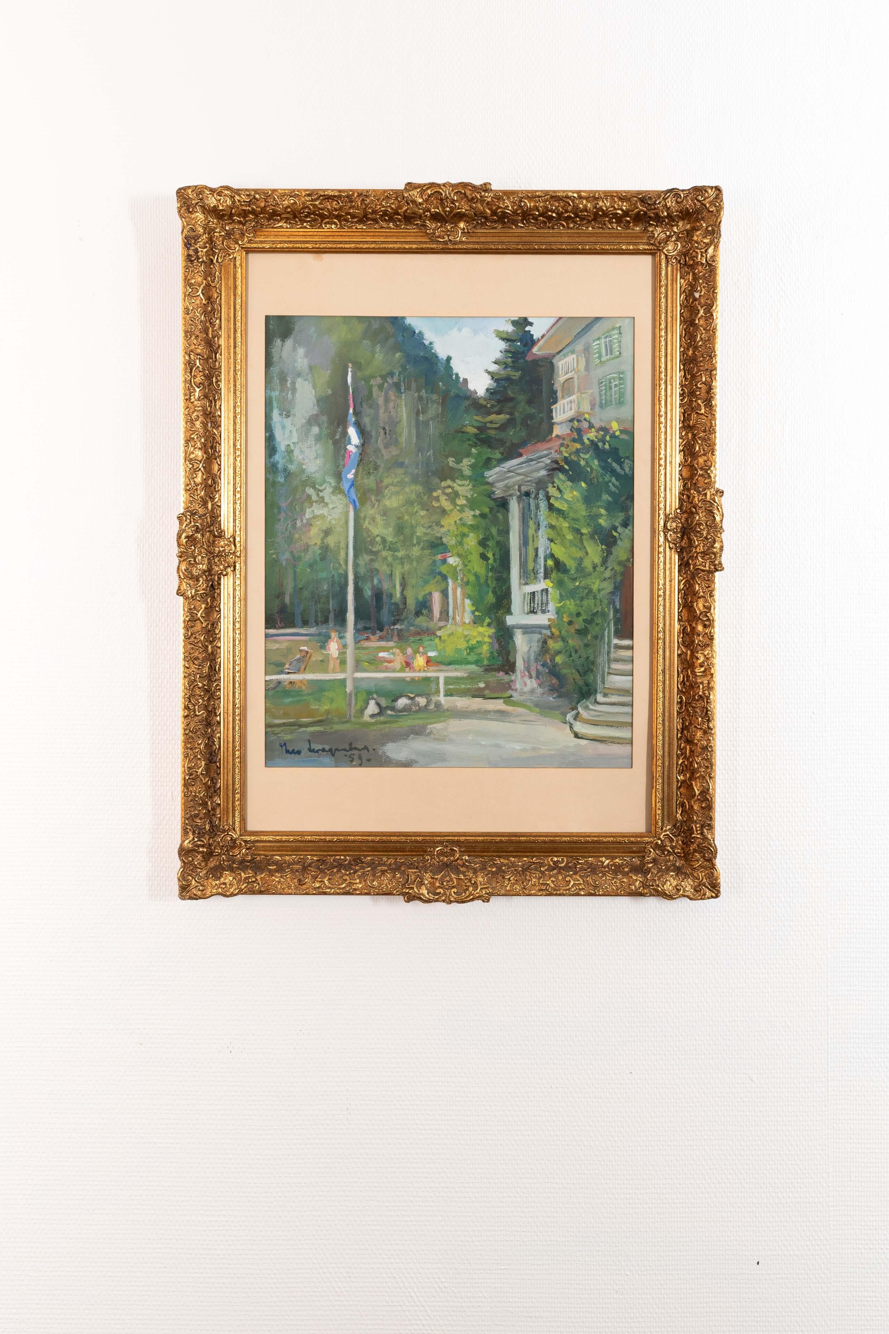 Landscape Art Maurice Langaskens - Peinture à l'aquarelle d'une maison d'été, d'un drapeau,  dans un cadre doré