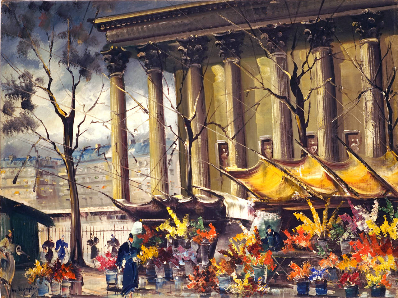 Maurice Legendre Landscape Painting - La Madelaine Flower Market in Paris