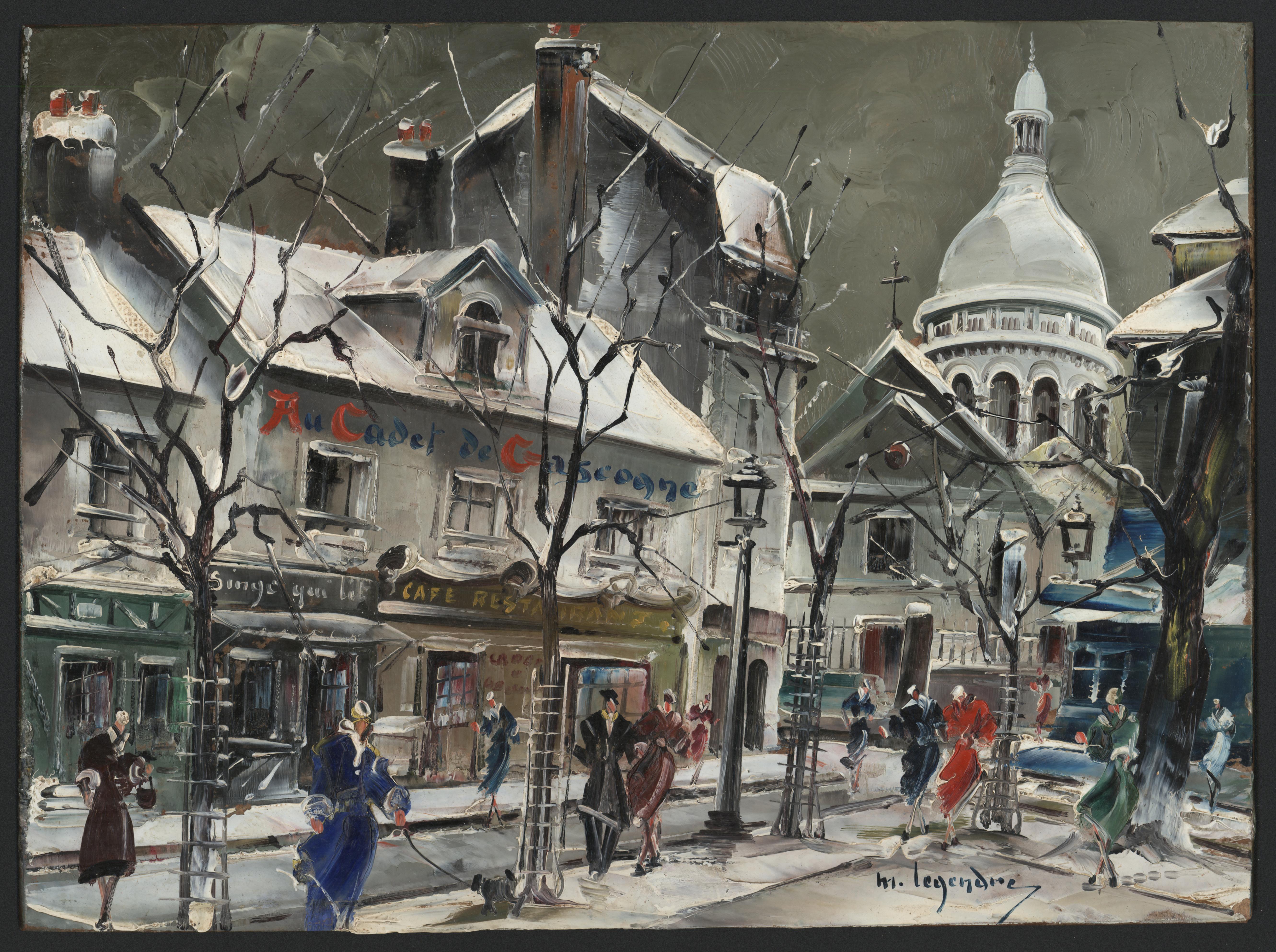 Maurice Legendre Landscape Painting - "La Place du Tetre Sous La Neige" (Montmatre, Paris) 