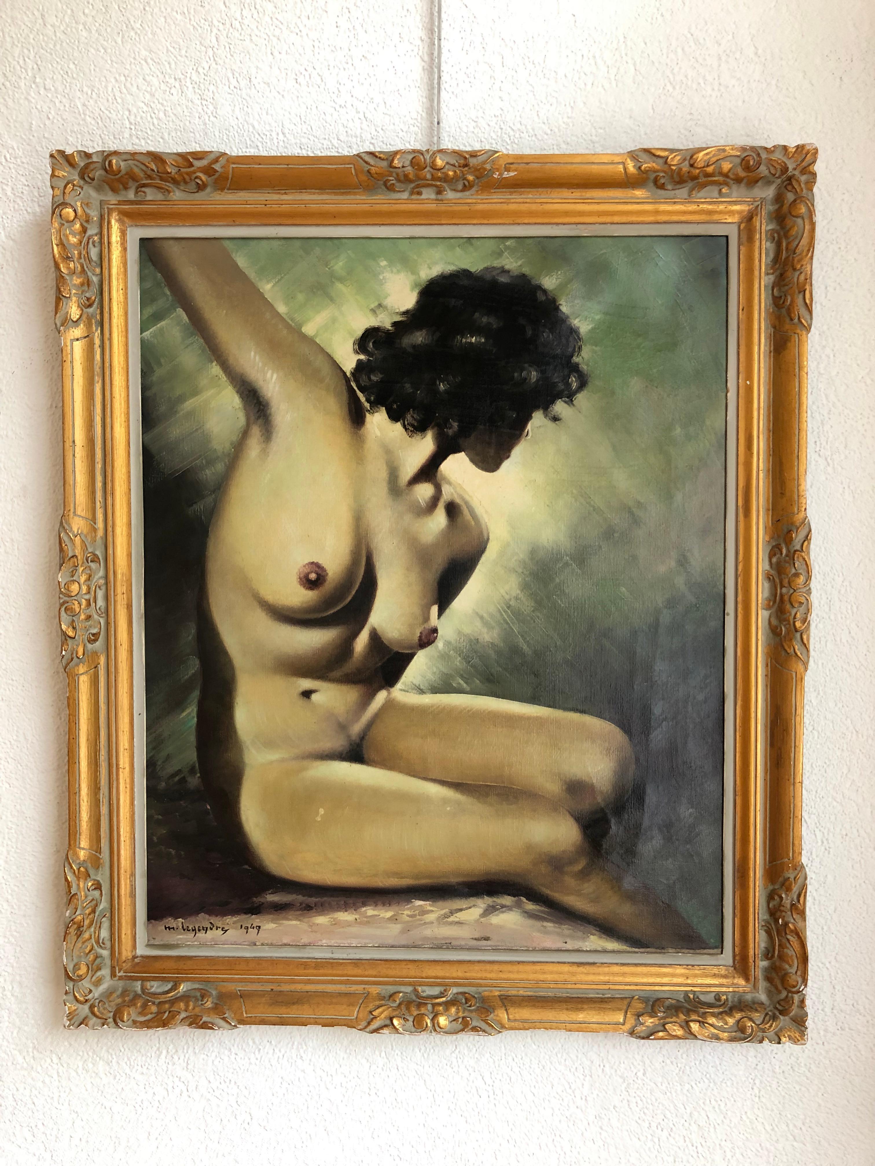 Young woman posing naked - Painting by Maurice Legendre