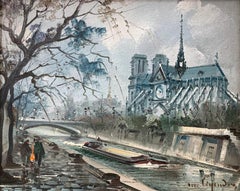 "Notre Dame on the Seine" Post-Impressionist Winter Scene Oil Painting on Canvas