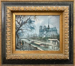 "Notre Dame en el Sena" Pintura al óleo sobre lienzo de escena invernal postimpresionista